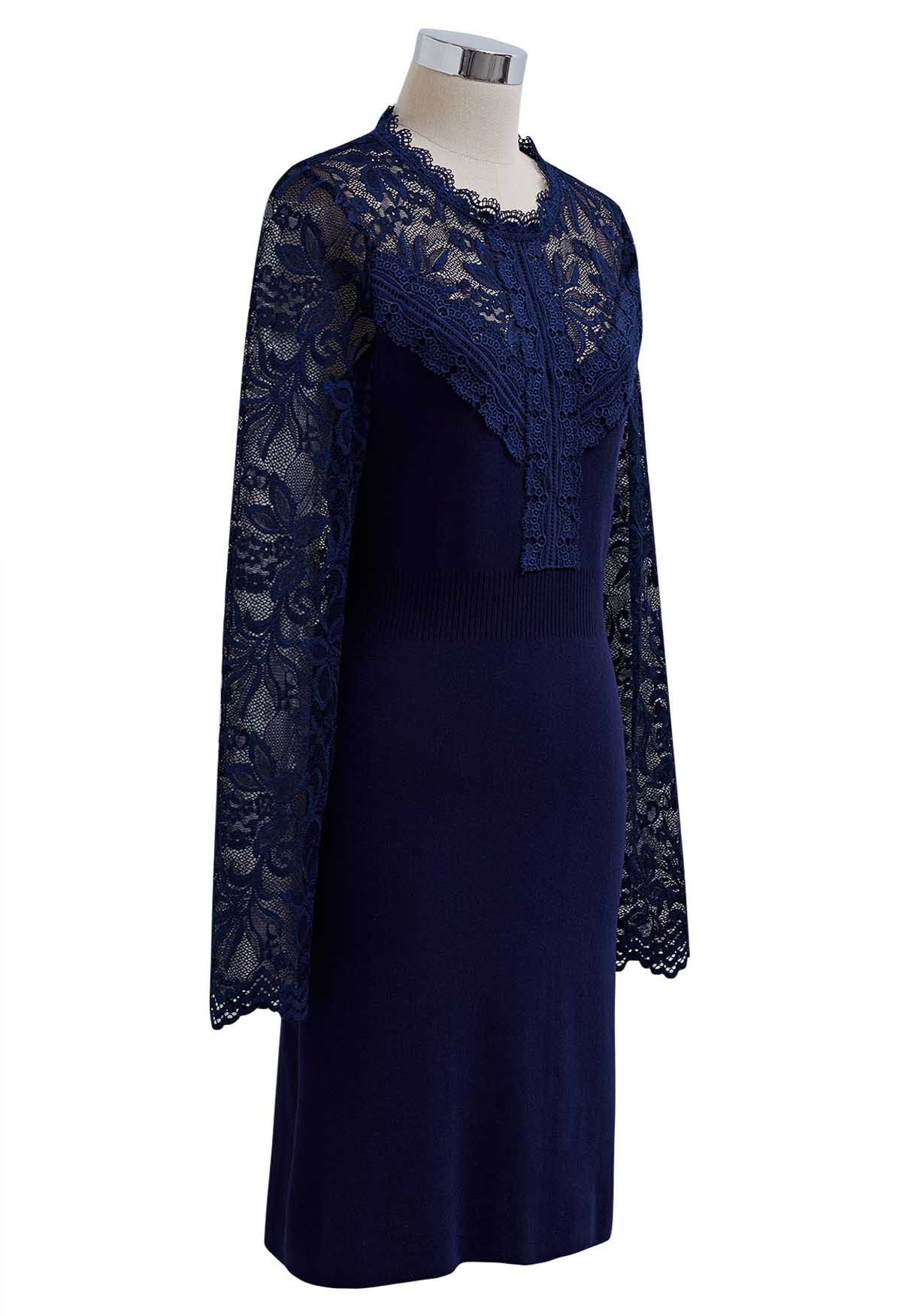 Floral Lace Spliced Knit Dress in Navy