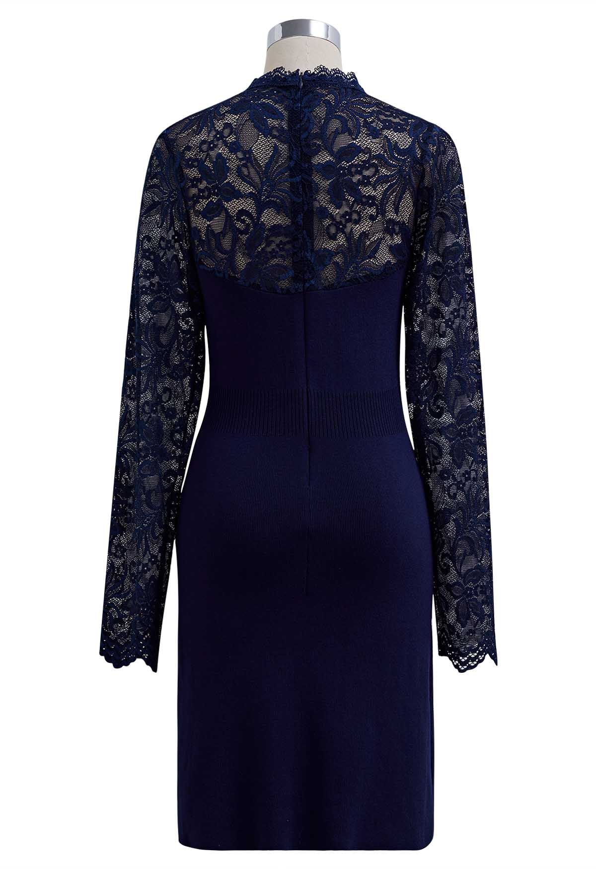 Floral Lace Spliced Knit Dress in Navy