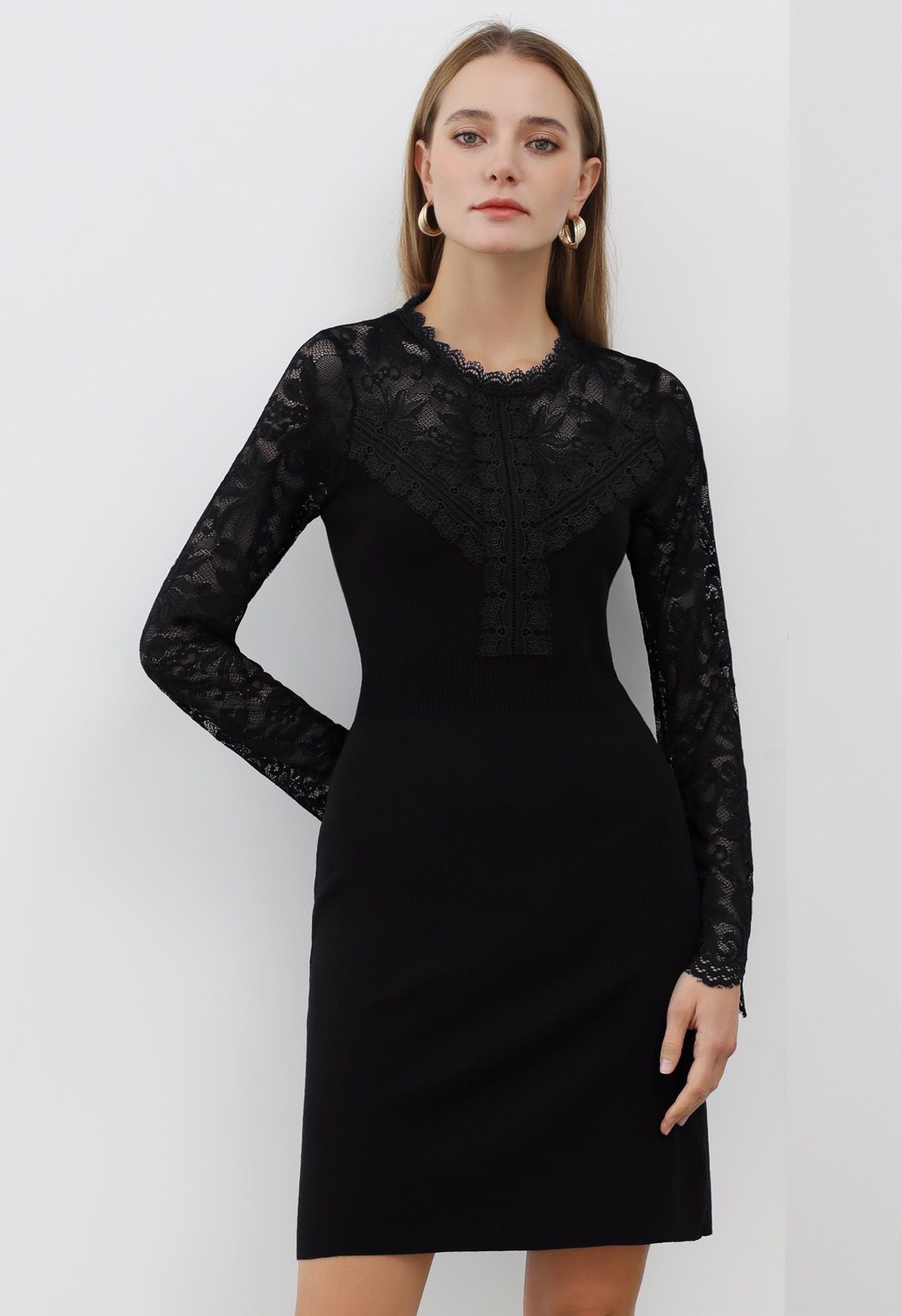 Floral Lace Spliced Knit Dress in Black