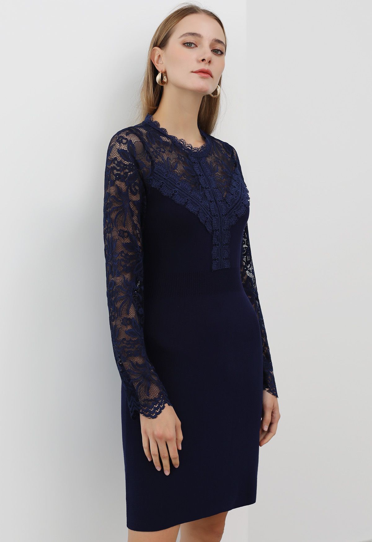 Floral Lace Spliced Knit Dress in Navy