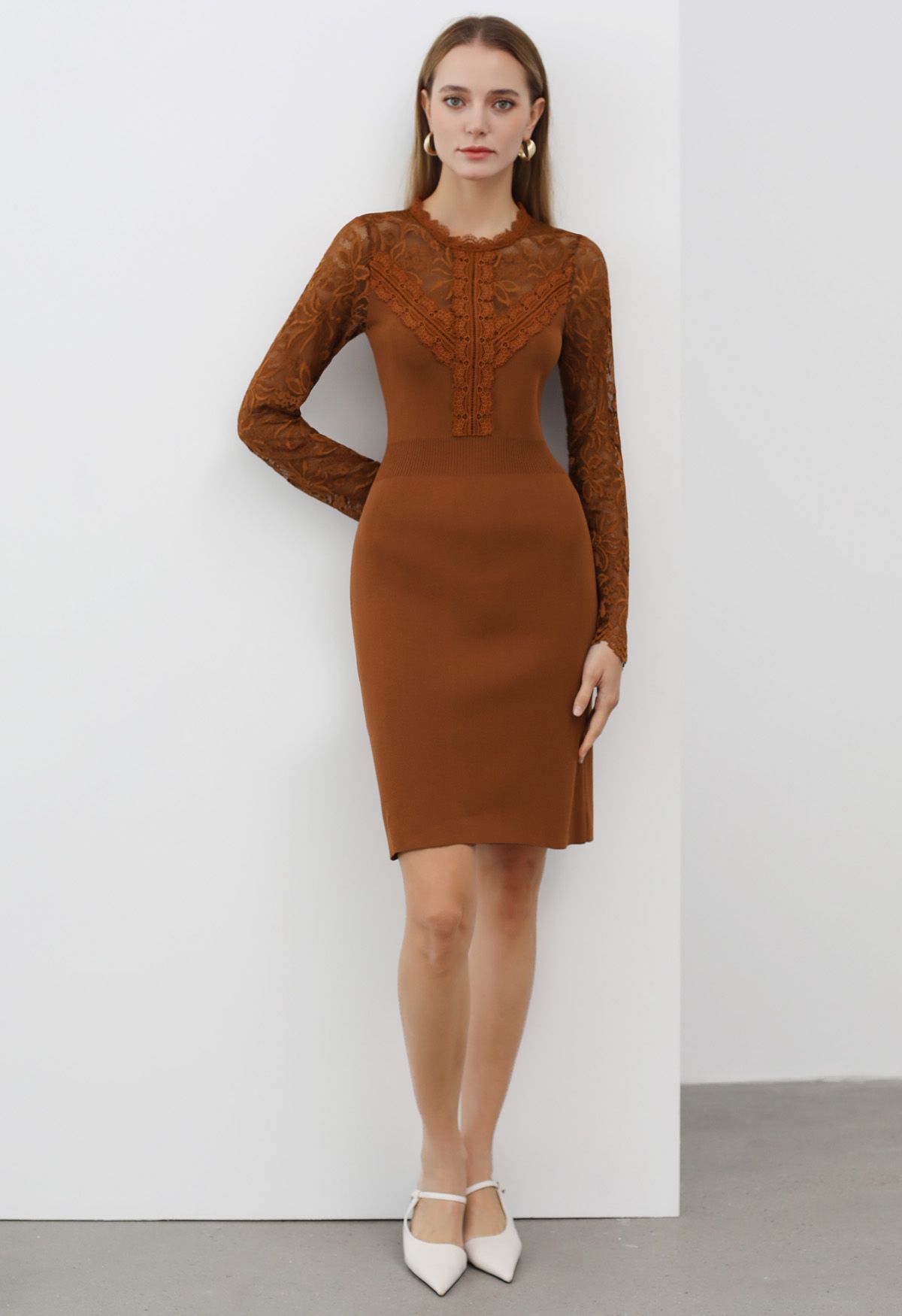 Floral Lace Spliced Knit Dress in Caramel