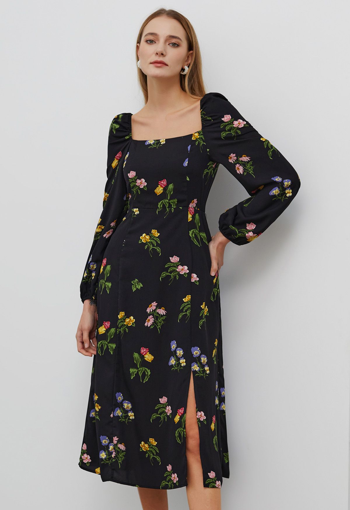 Botanical Print Square Neck Midi Dress