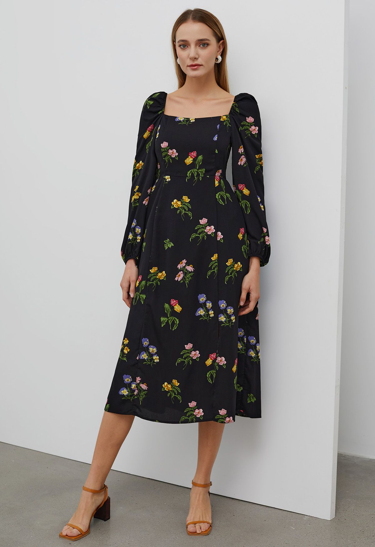 Botanical Print Square Neck Midi Dress - Retro, Indie and Unique Fashion