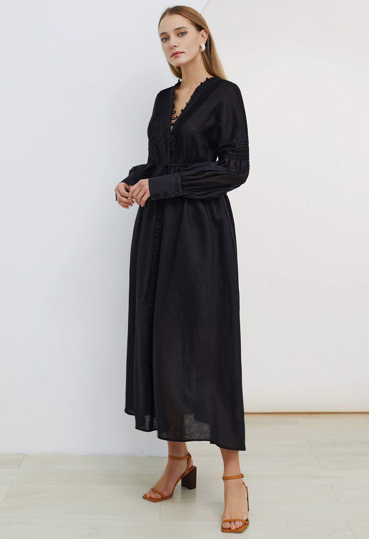 V-Neck Buttoned Long Sleeve Dress in Black