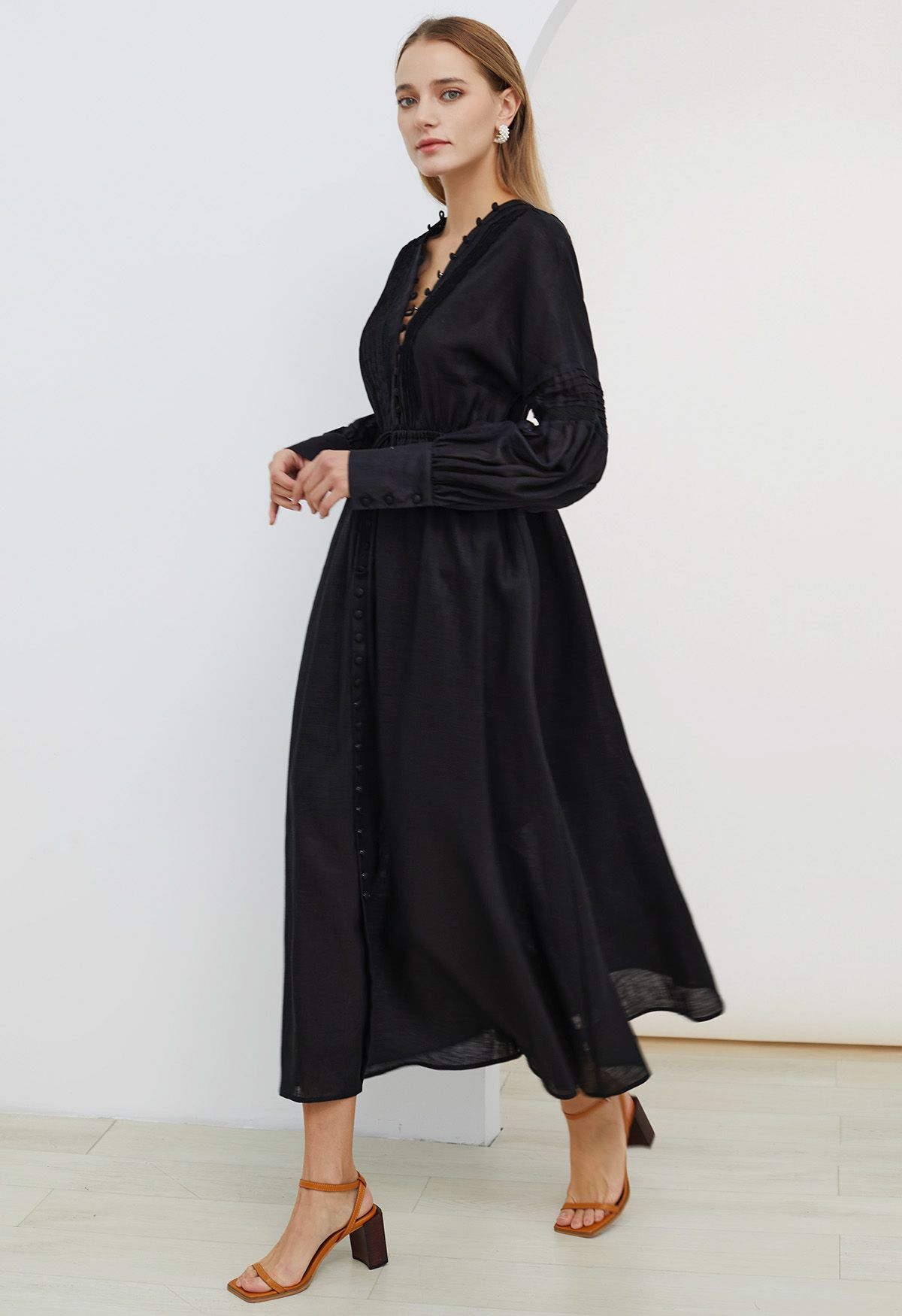 V-Neck Buttoned Long Sleeve Dress in Black