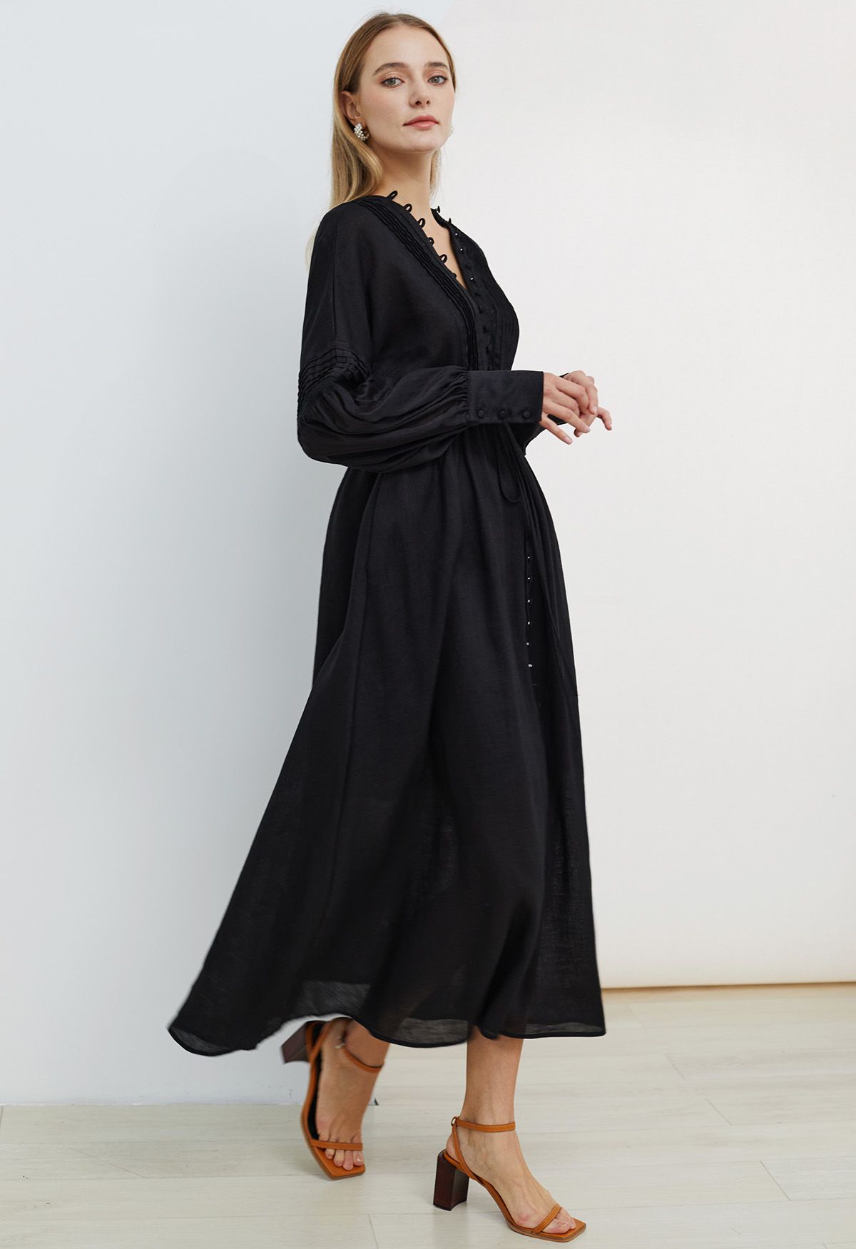 V-Neck Buttoned Long Sleeve Dress in Black