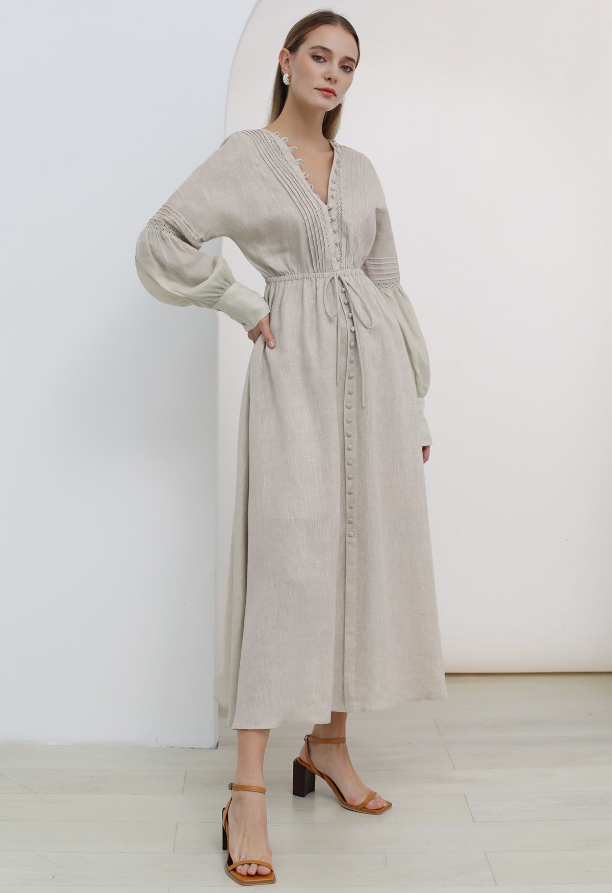 V-Neck Buttoned Long Sleeve Dress in Linen