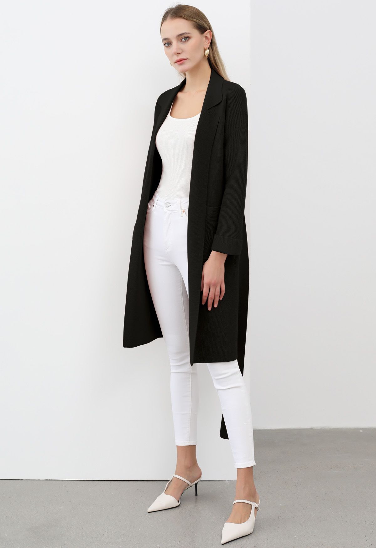 Notch Lapel Belted Longline Knit Cardigan in Black