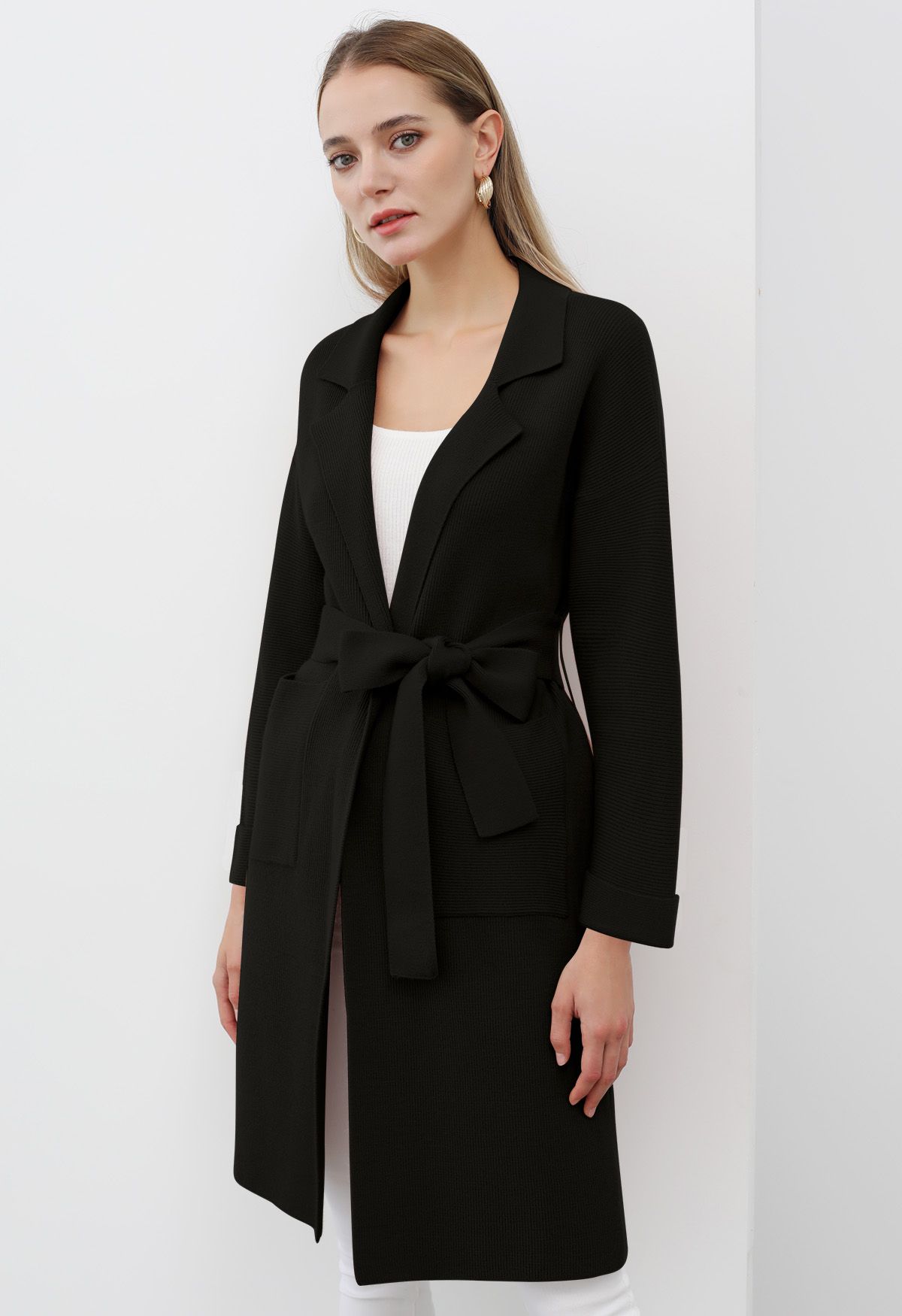 Notch Lapel Belted Longline Knit Cardigan in Black