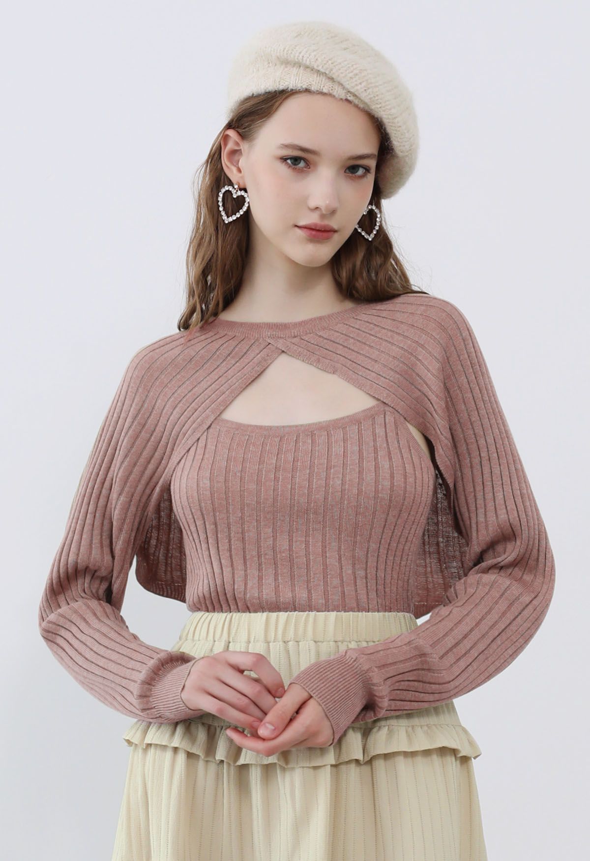 Solid Ribbed Knit Twinset Top in Pink