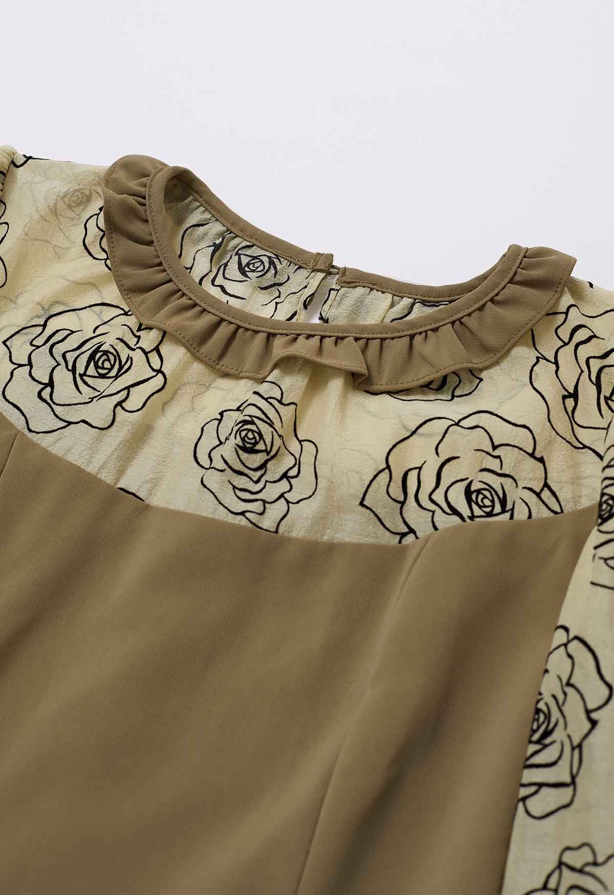 Rose Sketch Spliced Ruffle Midi Dress in Khaki