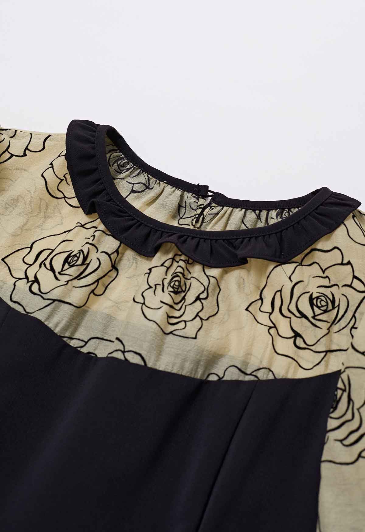 Rose Sketch Spliced Ruffle Midi Dress in Black