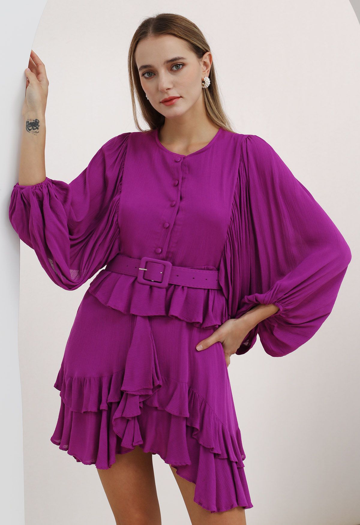 Exaggerated Bubble Sleeve Belted Ruffle Dress in Magenta