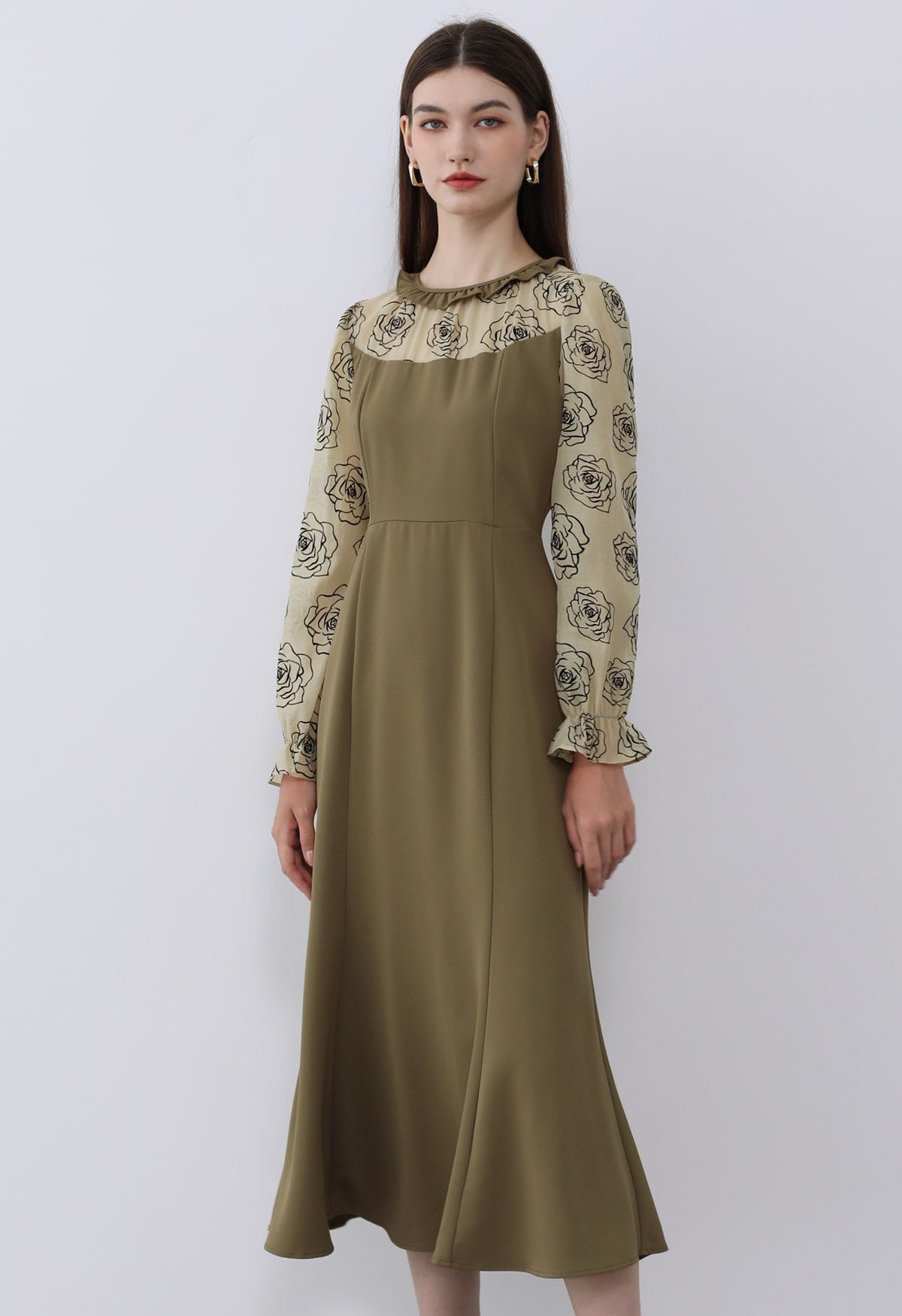 Rose Sketch Spliced Ruffle Midi Dress in Khaki