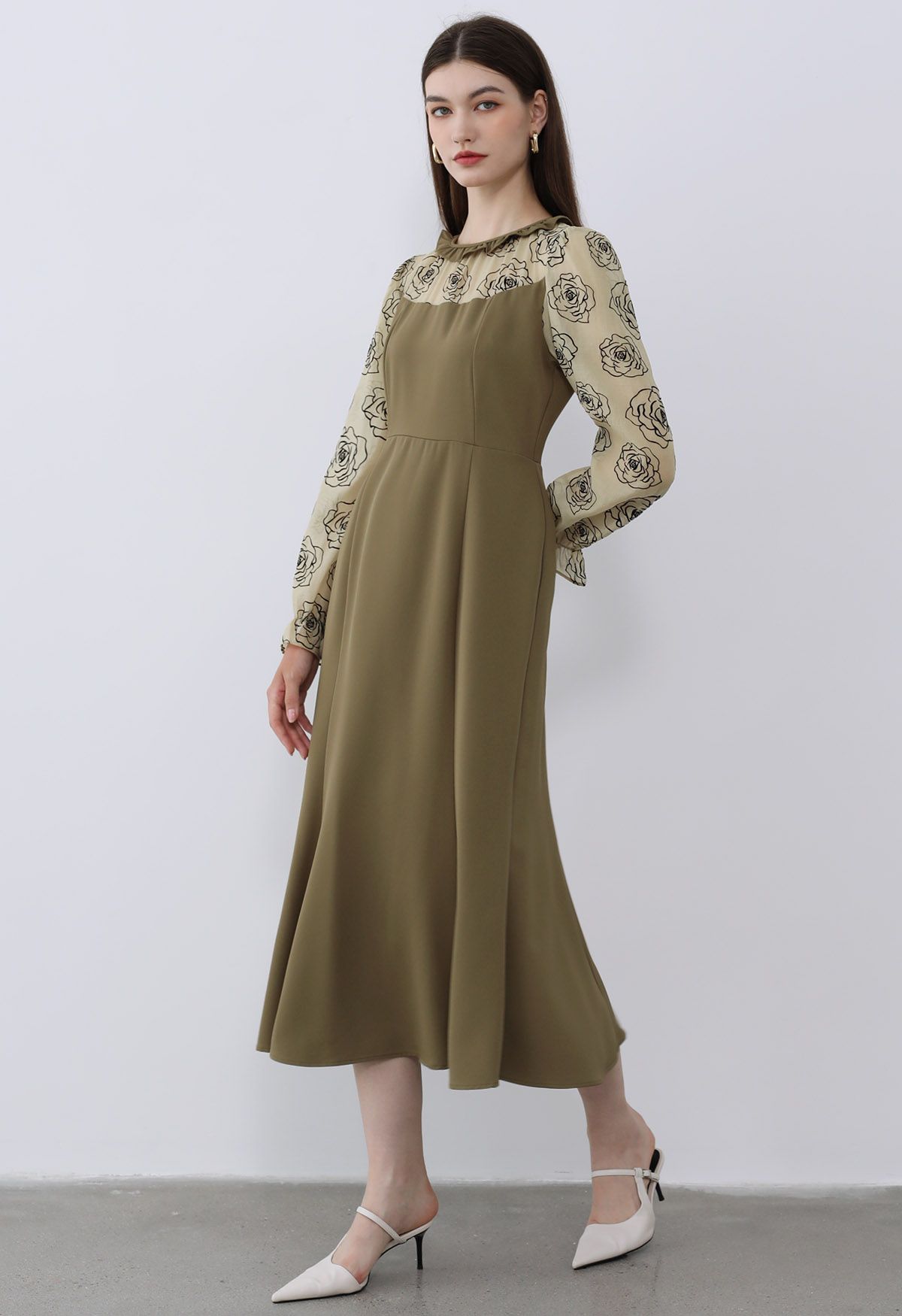 Rose Sketch Spliced Ruffle Midi Dress in Khaki