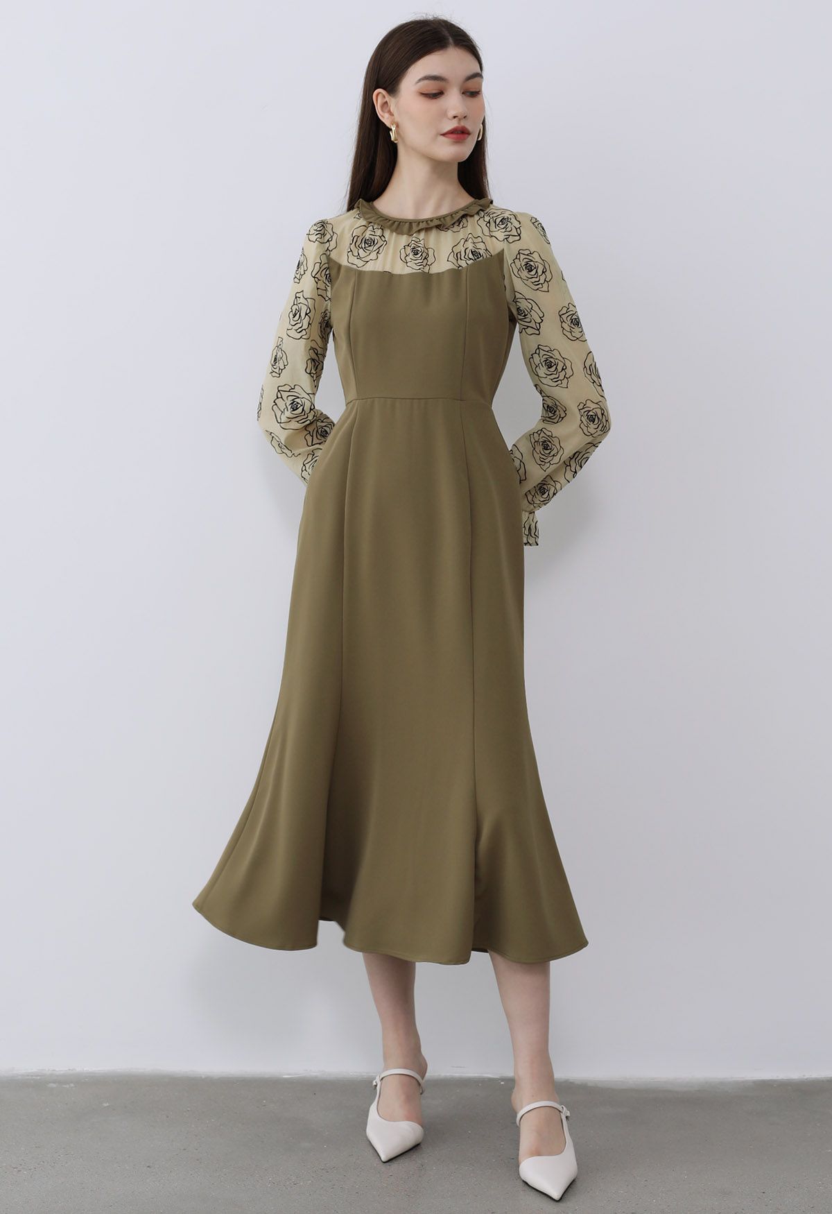 Rose Sketch Spliced Ruffle Midi Dress in Khaki