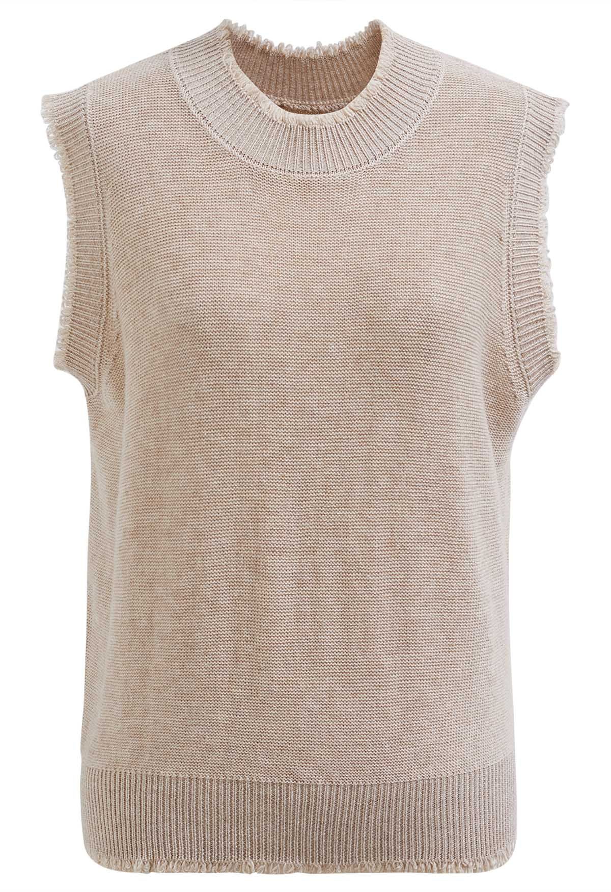 Frayed Edge Sleeveless Knit Top in Sand