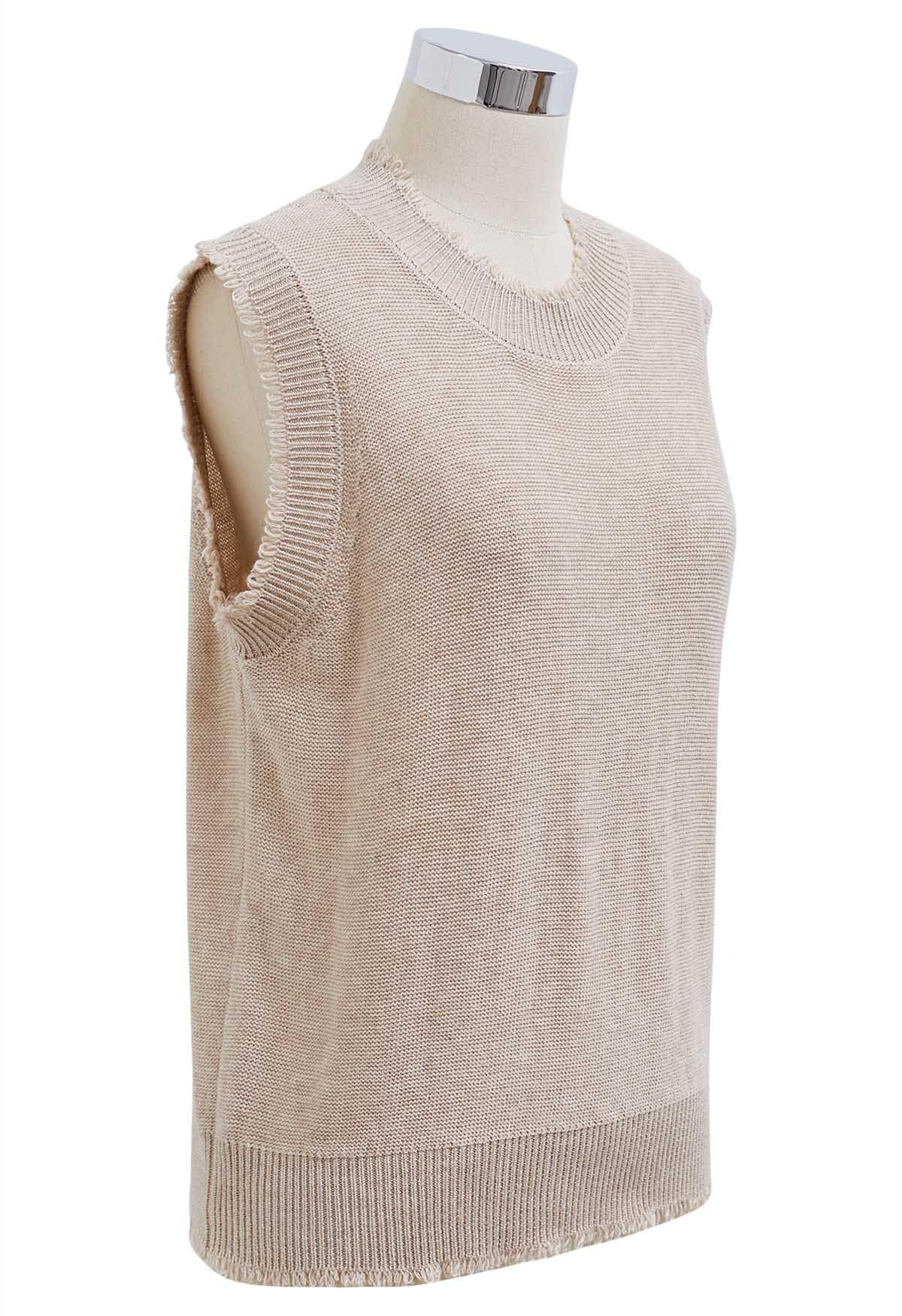 Frayed Edge Sleeveless Knit Top in Sand