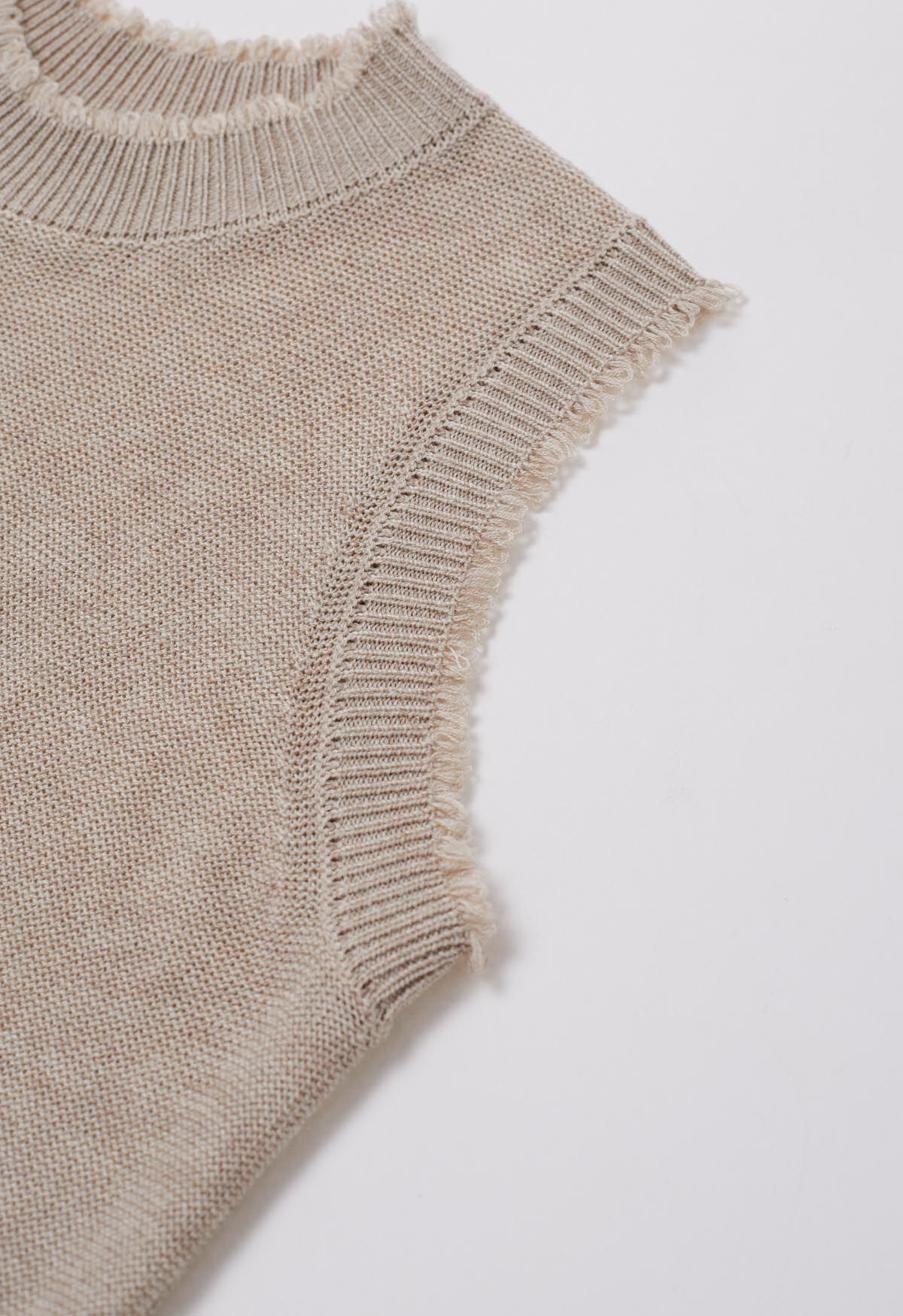 Frayed Edge Sleeveless Knit Top in Sand