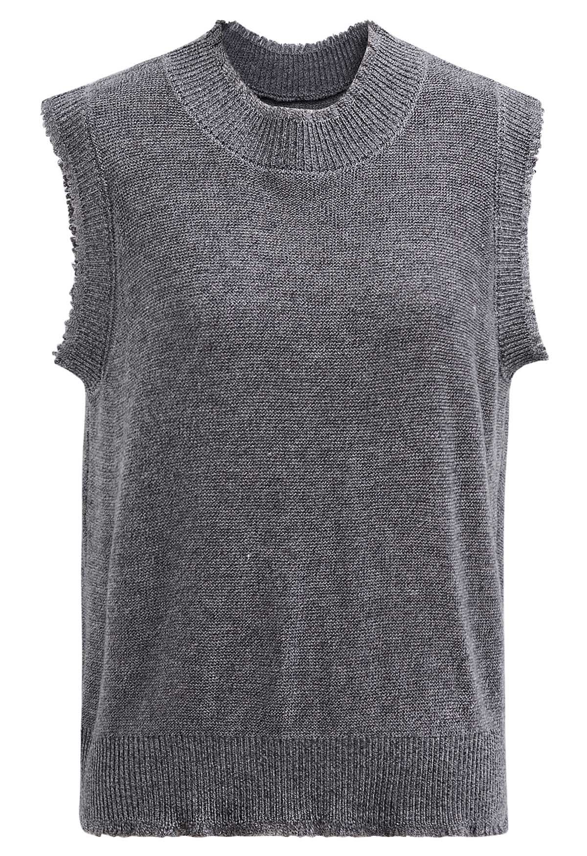 Frayed Edge Sleeveless Knit Top in Grey