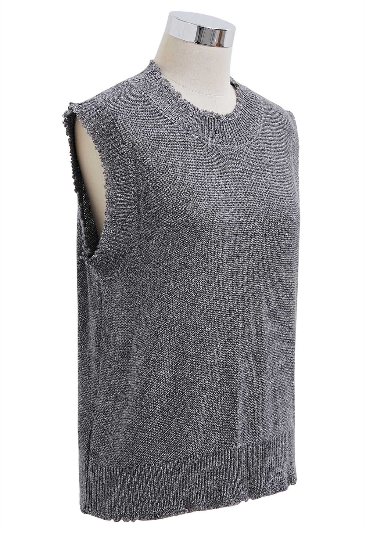 Frayed Edge Sleeveless Knit Top in Grey