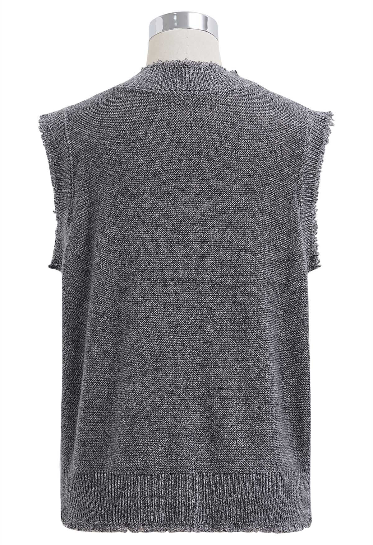 Frayed Edge Sleeveless Knit Top in Grey