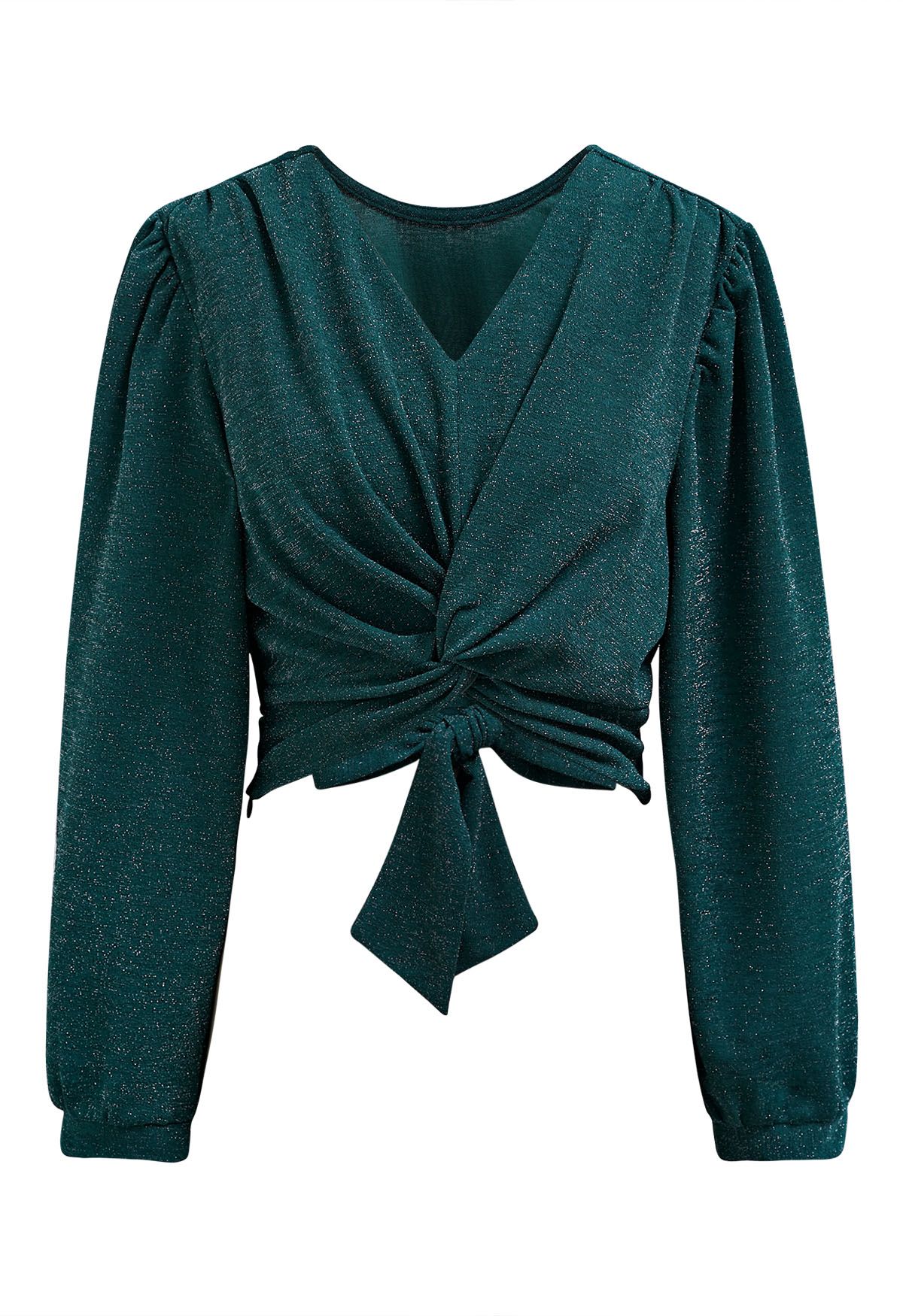 Twist Front Tie Back Shimmer Top in Dark Green