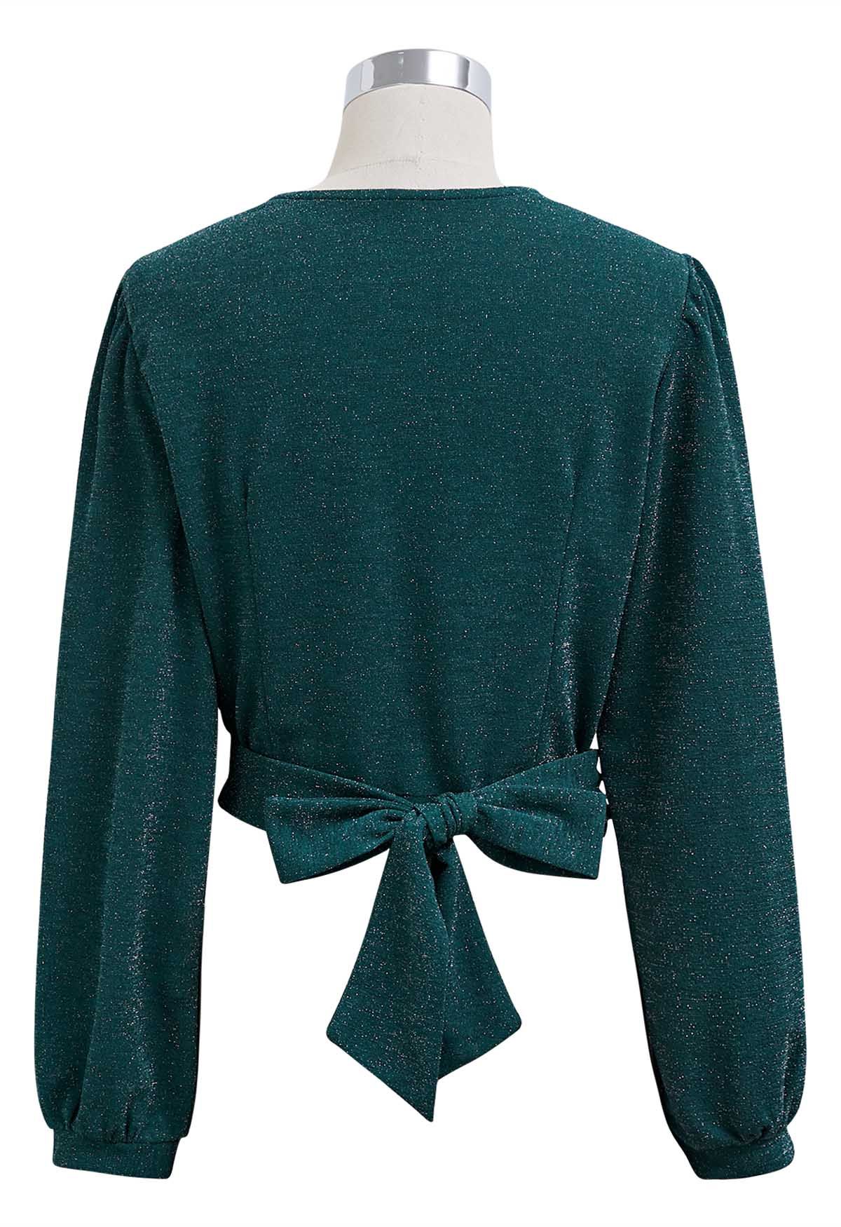 Twist Front Tie Back Shimmer Top in Dark Green