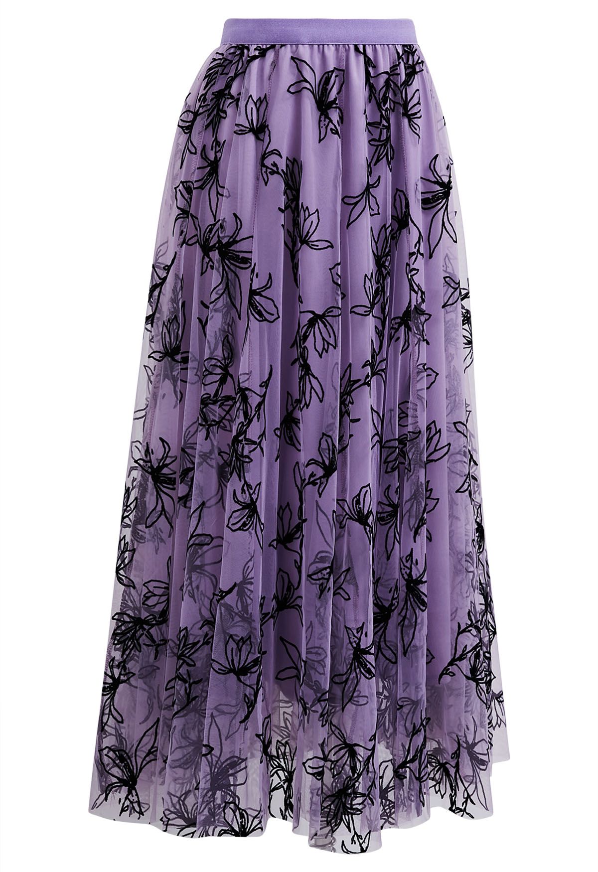 Velvet Magnolia Double-Layered Mesh Maxi Skirt in Lilac