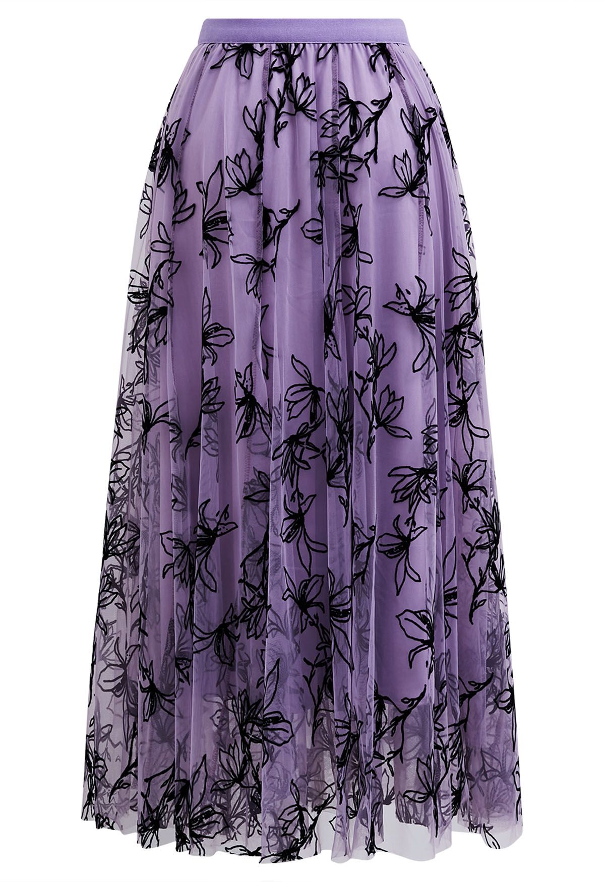 Velvet Magnolia Double-Layered Mesh Maxi Skirt in Lilac