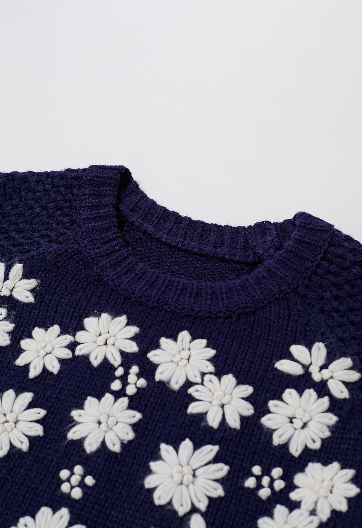 Hand-Embroidered Flowers Contrasting Pattern Knit Sweater in Navy