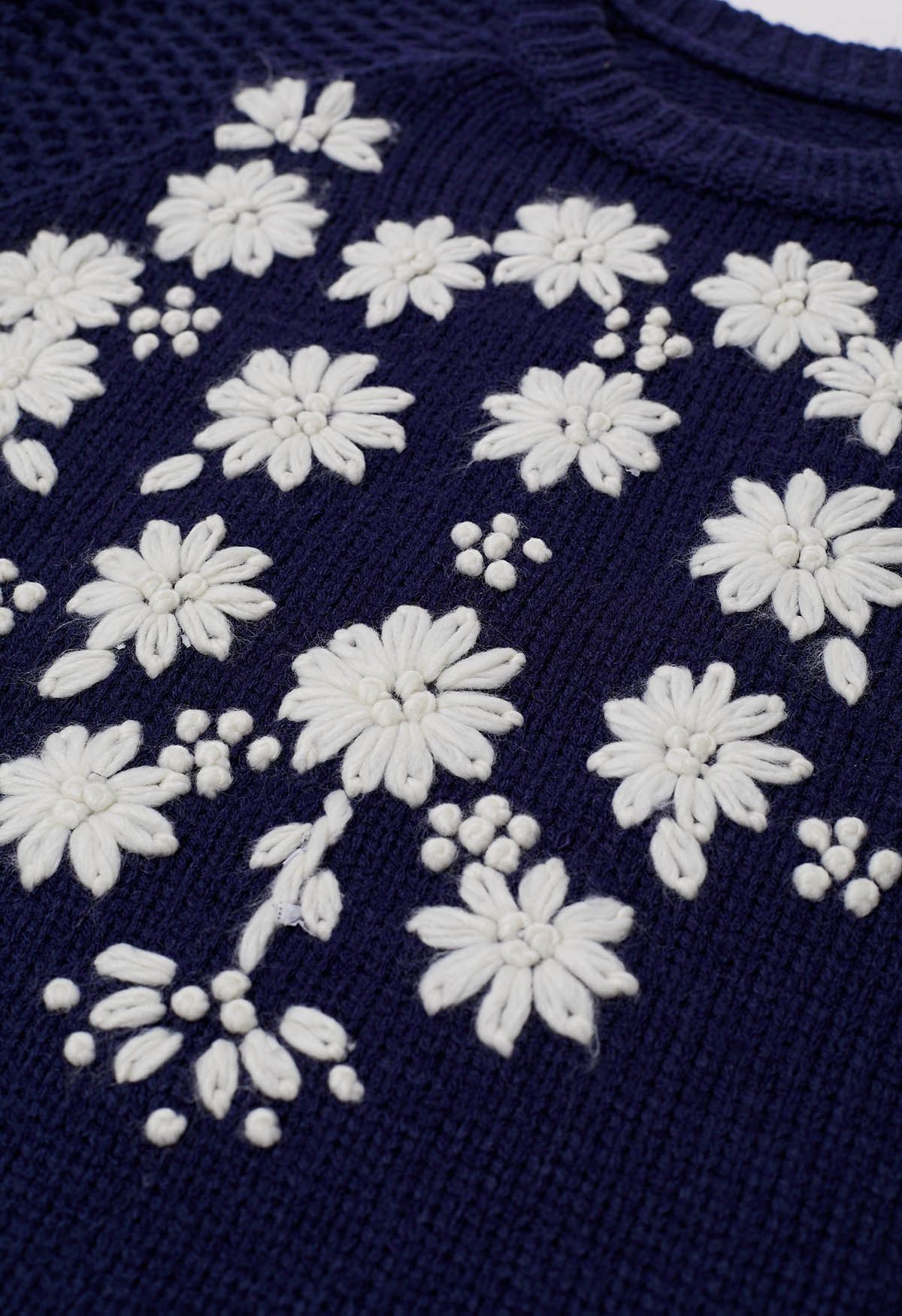 Hand-Embroidered Flowers Contrasting Pattern Knit Sweater in Navy