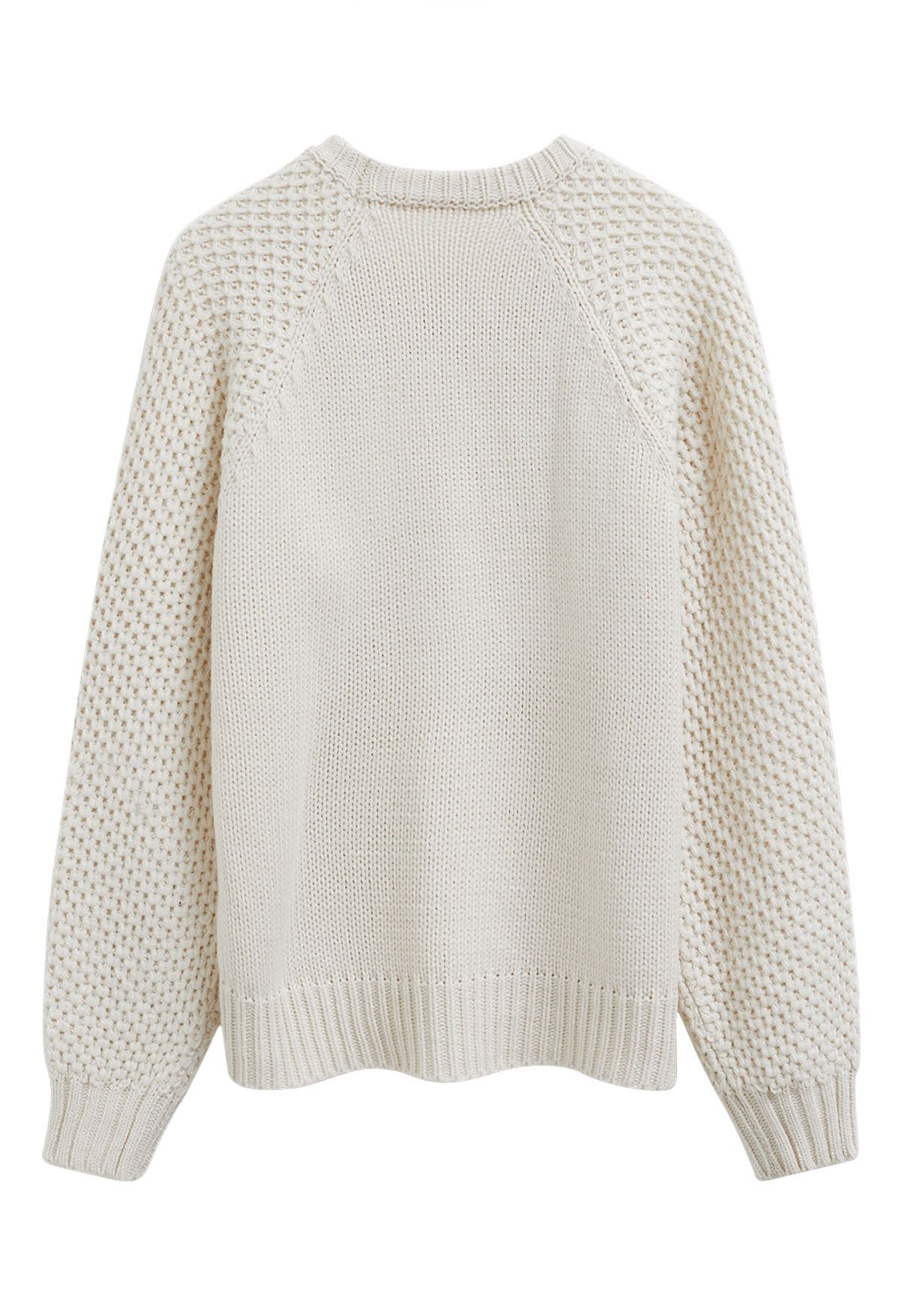 Hand-Embroidered Flowers Contrasting Pattern Knit Sweater in Ivory