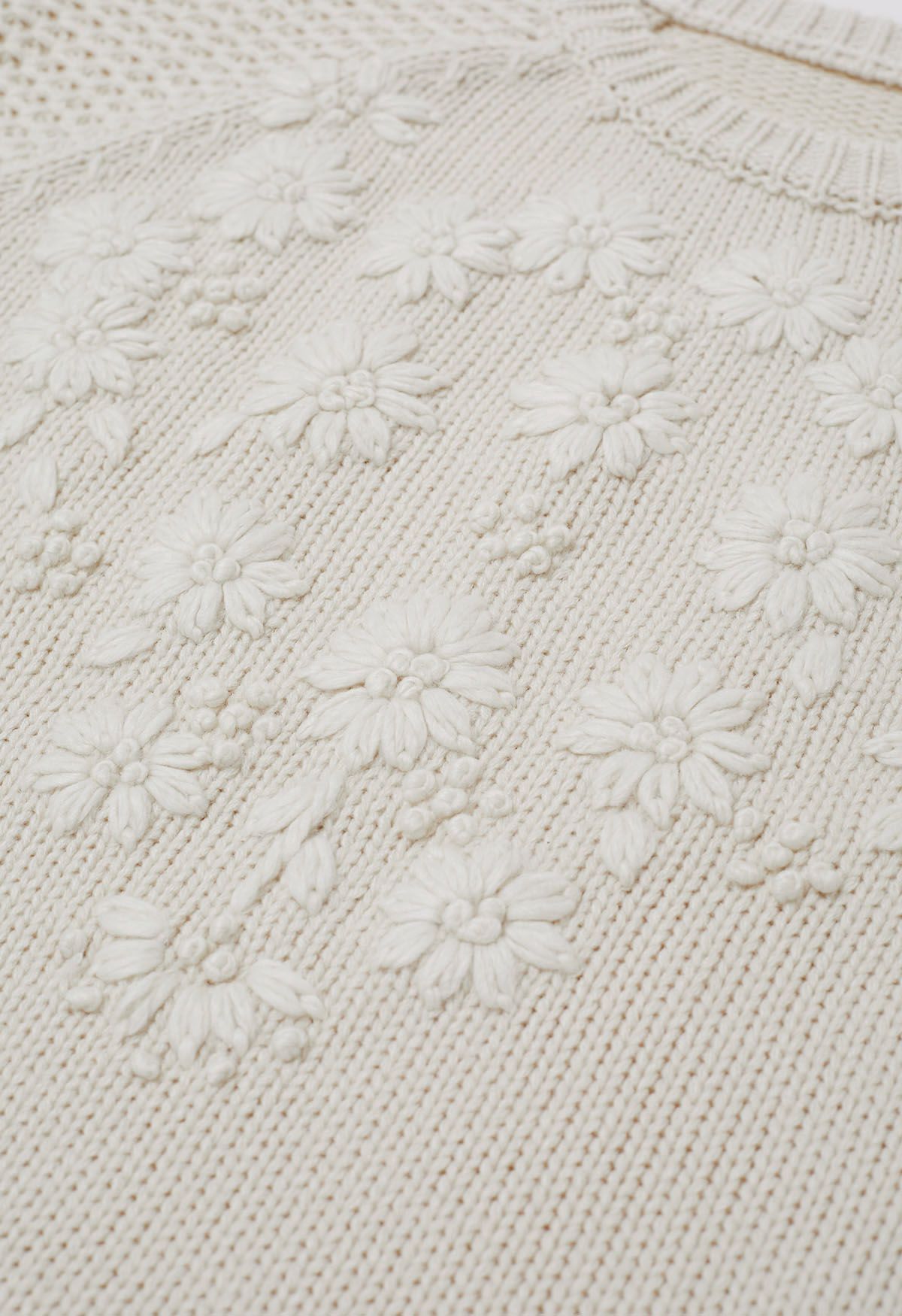 Hand-Embroidered Flowers Contrasting Pattern Knit Sweater in Ivory