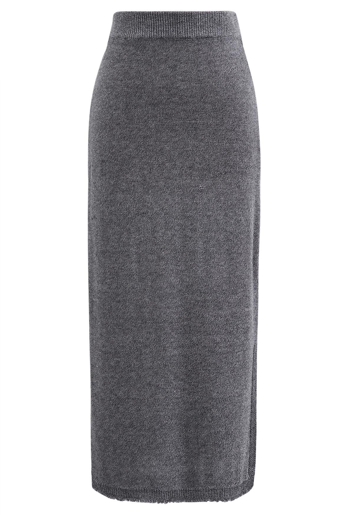 Frayed Hemline Side Slit Knit Maxi Skirt in Grey