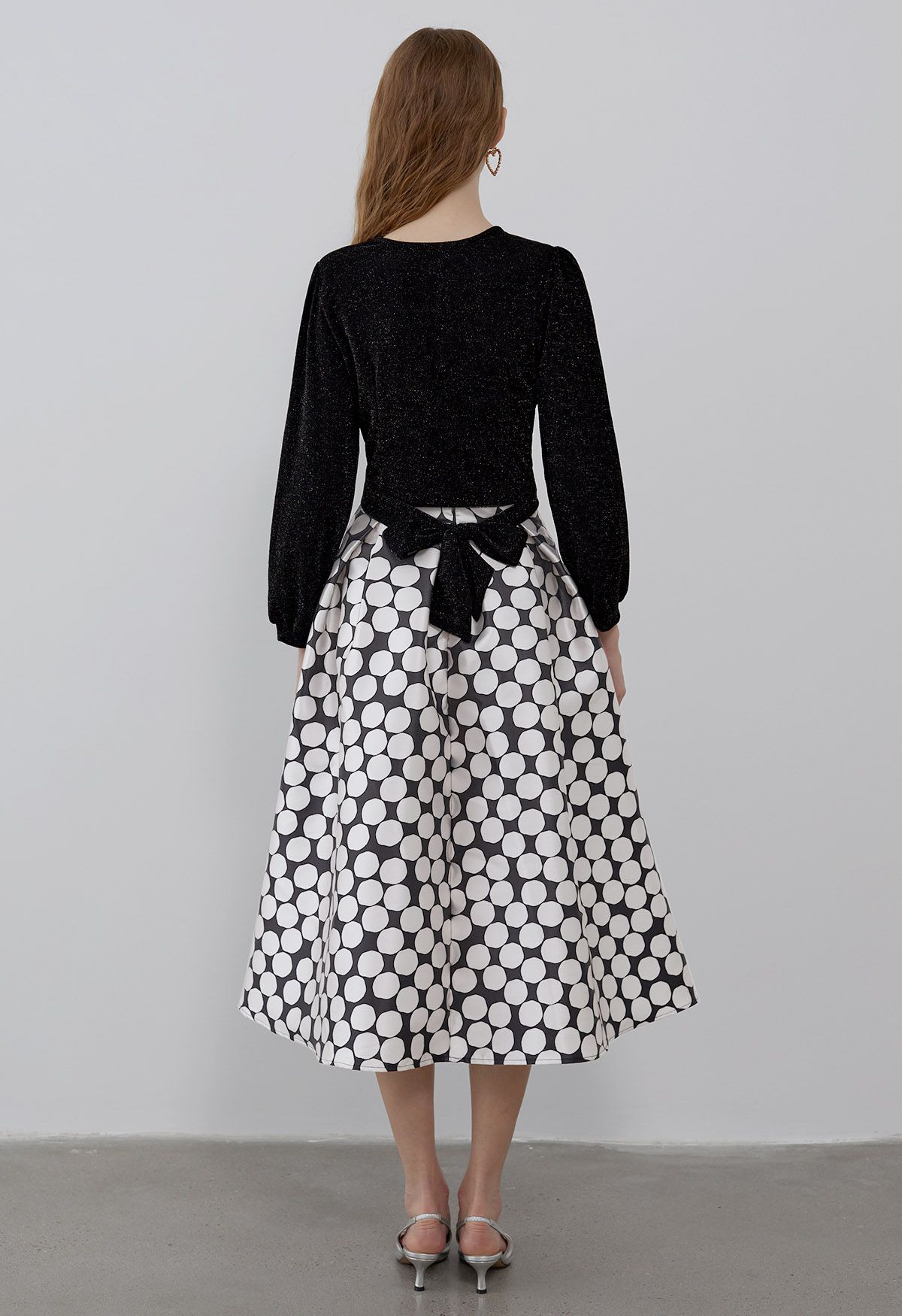 Contrast Polka Dots A-Line Pleated Midi Skirt