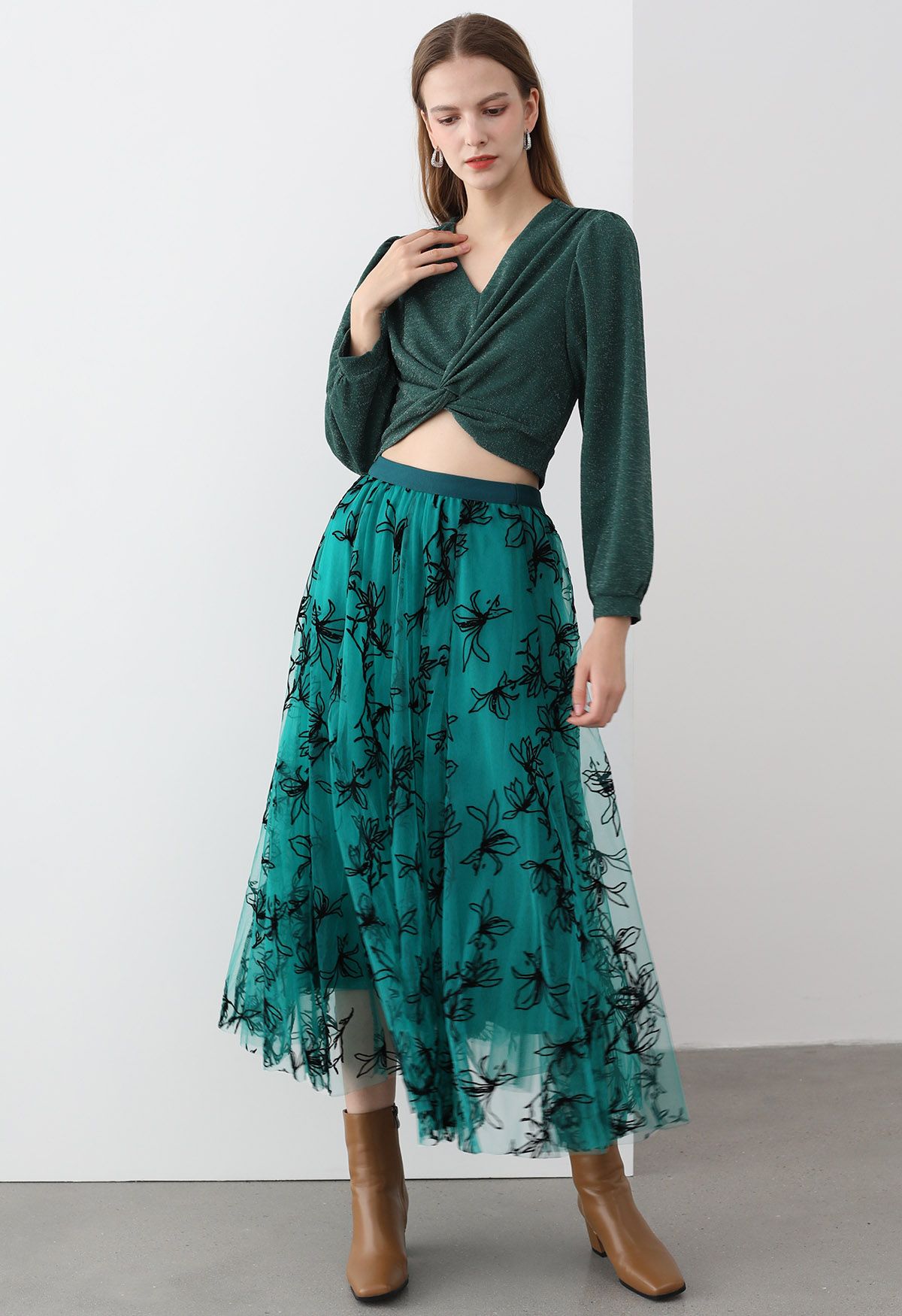 Velvet Magnolia Double-Layered Mesh Maxi Skirt in Green