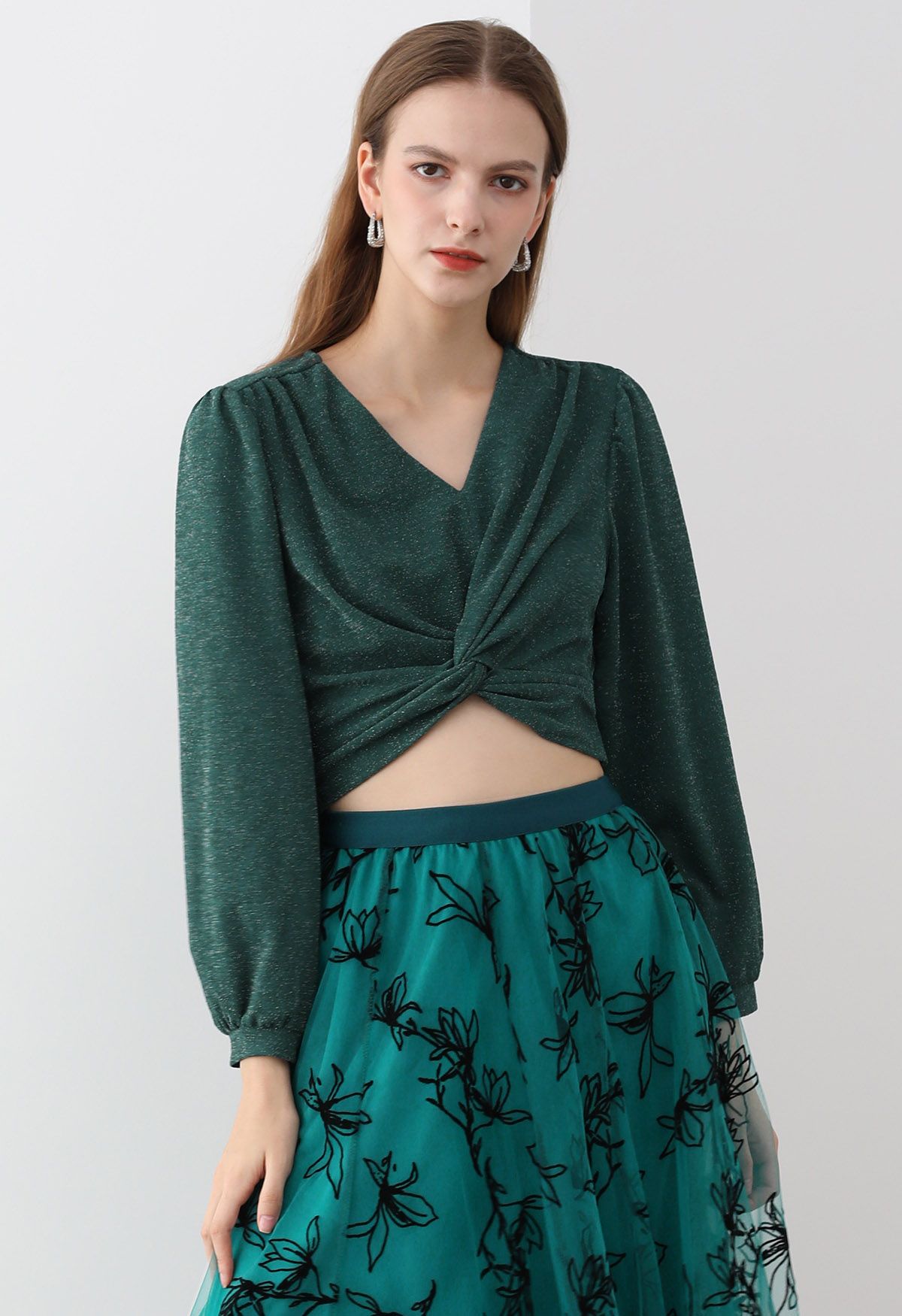 Twist Front Tie Back Shimmer Top in Dark Green