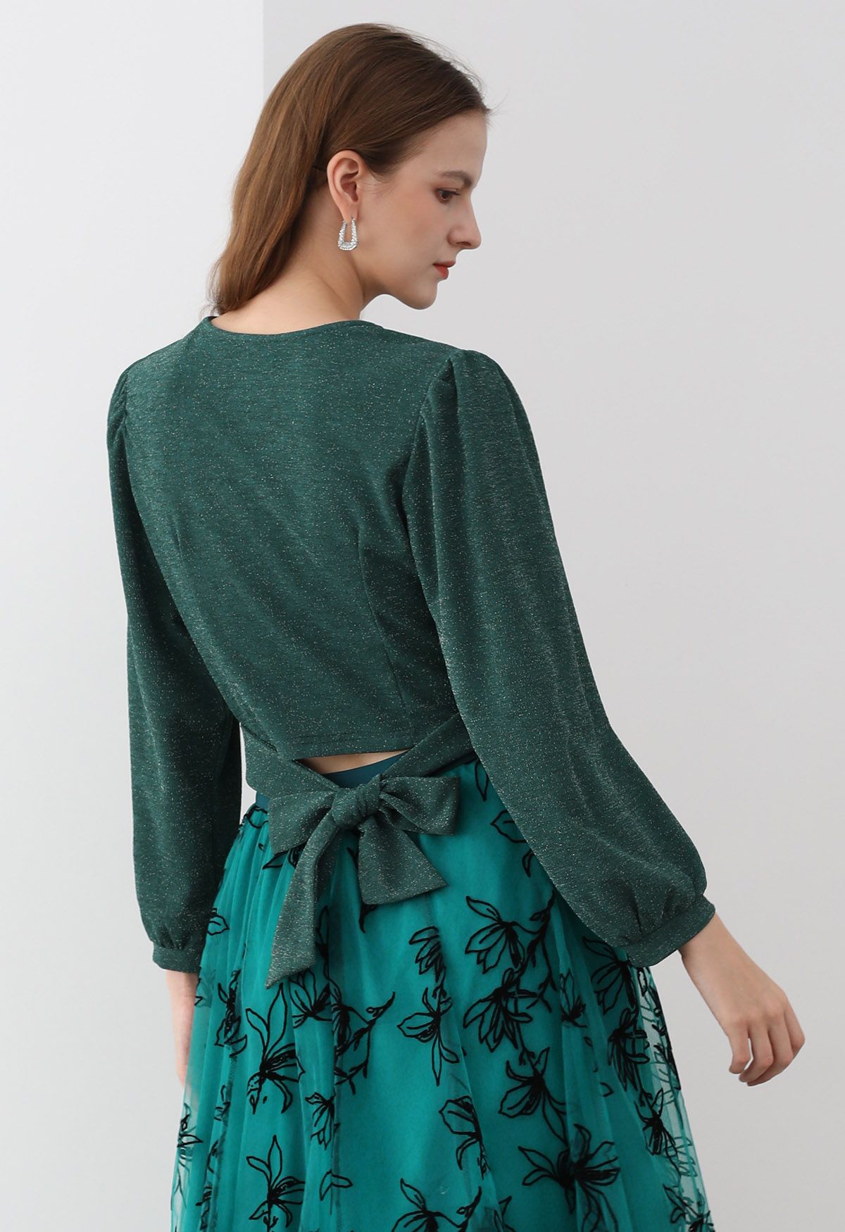 Twist Front Tie Back Shimmer Top in Dark Green