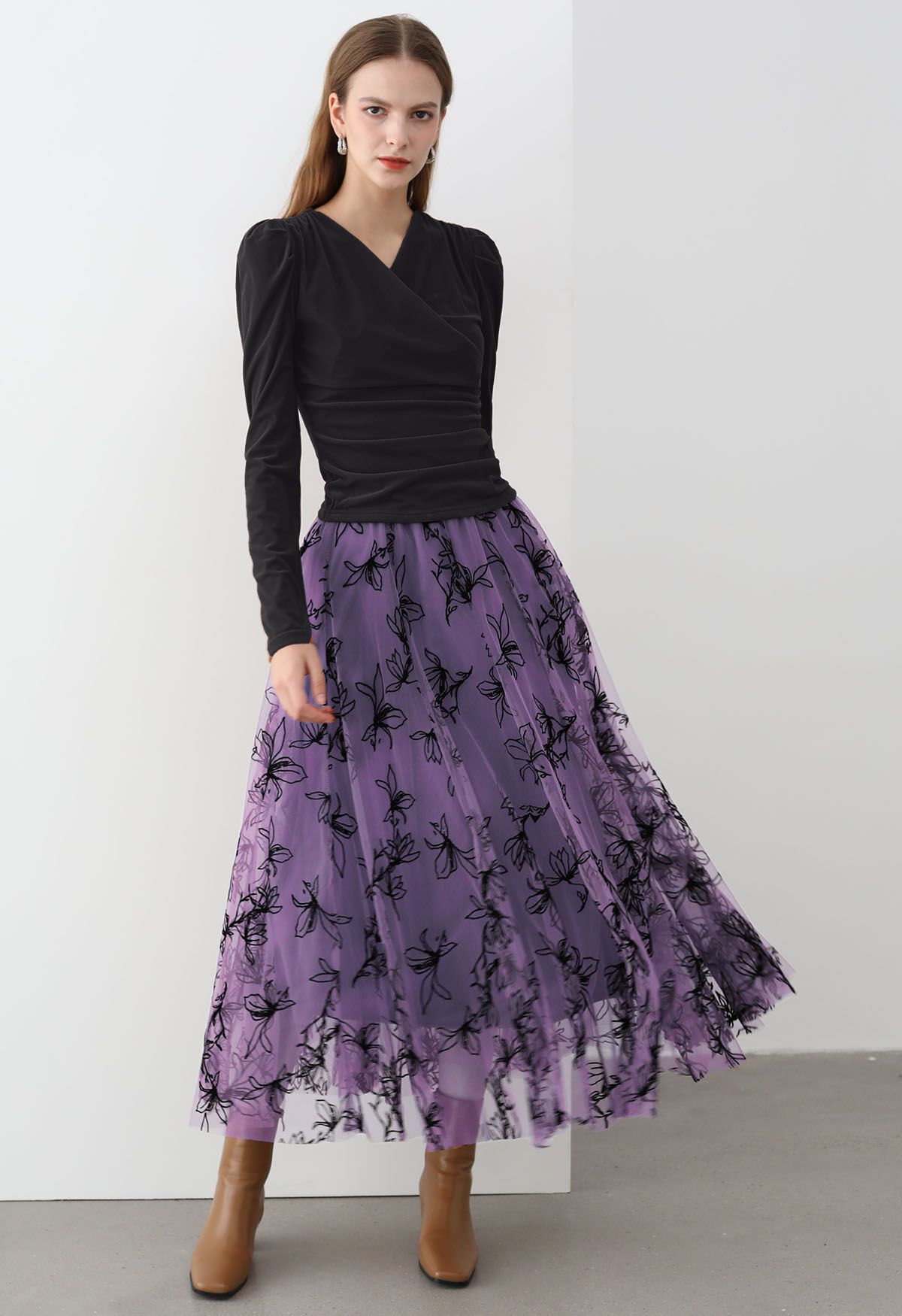 Velvet Magnolia Double-Layered Mesh Maxi Skirt in Lilac