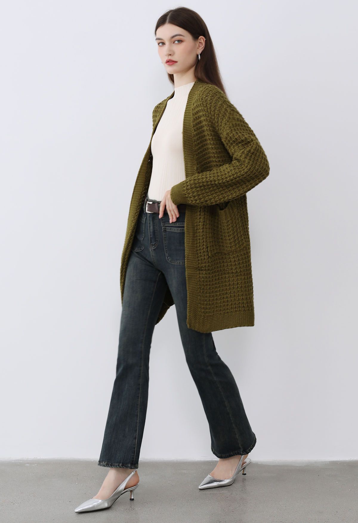 Batwing-Sleeve Pockets Waffle Knit Cardigan in Olive