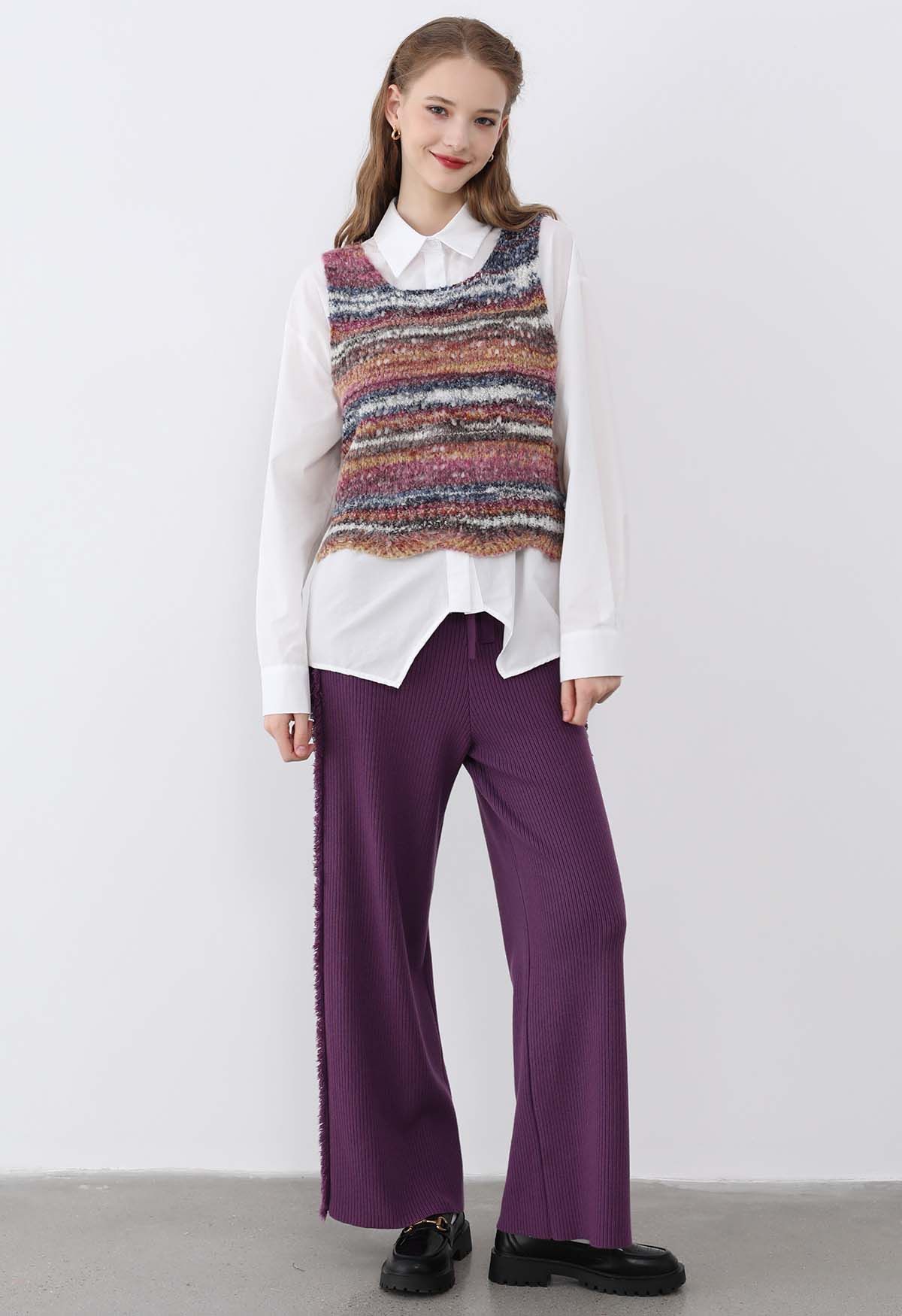 Side Tassel Trim Straight-Leg Knit Pants in Purple