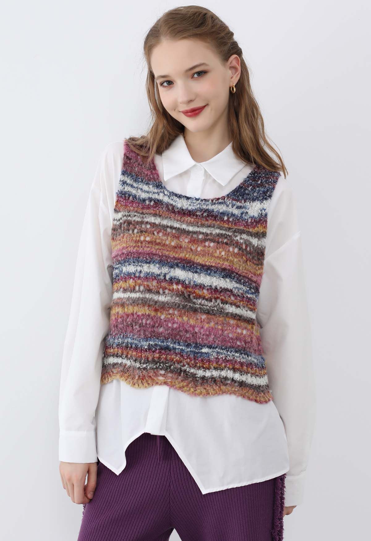 Multicolor Stripes Hollow Out Knit Vest in Violet