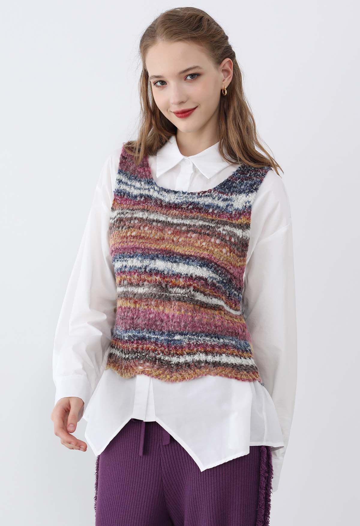 Multicolor Stripes Hollow Out Knit Vest in Violet