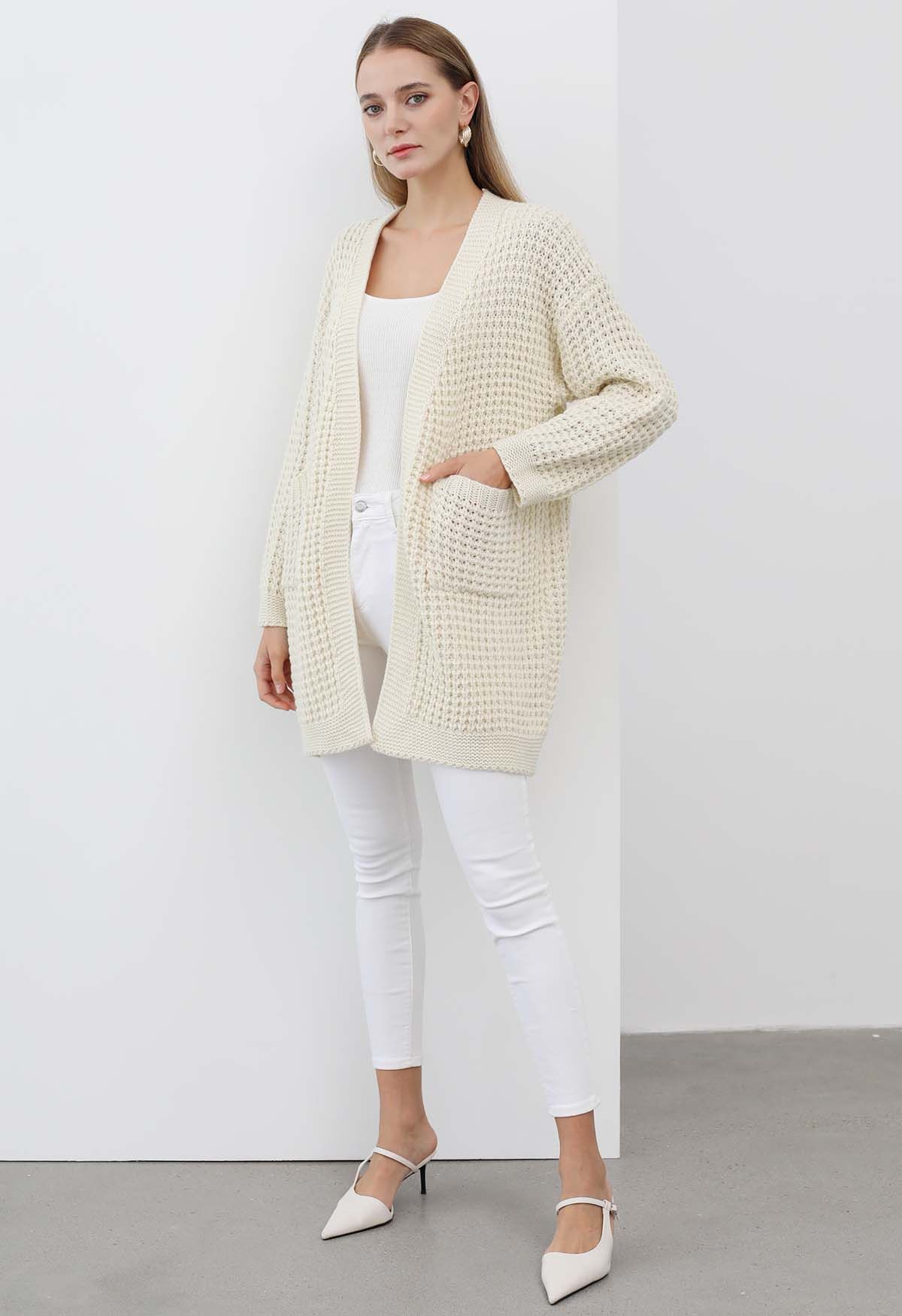 Batwing-Sleeve Pockets Waffle Knit Cardigan in Ivory