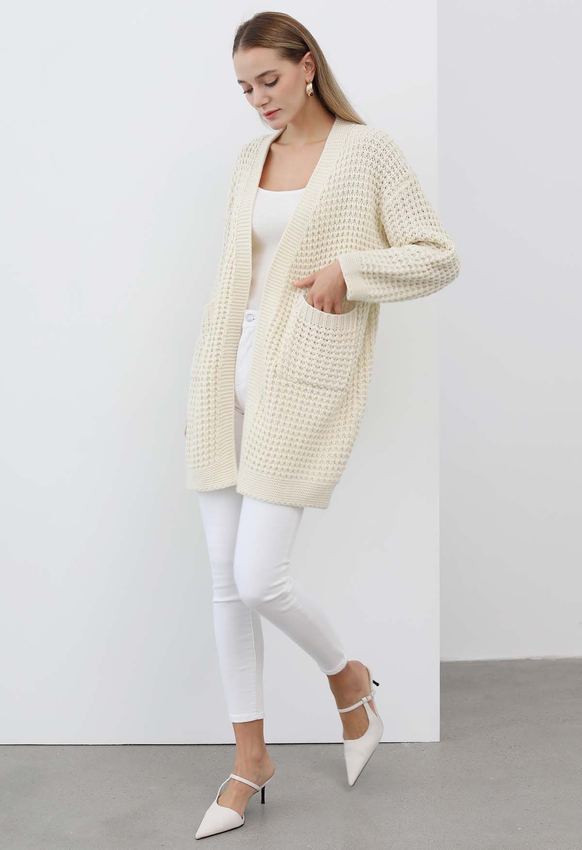 Batwing-Sleeve Pockets Waffle Knit Cardigan in Ivory