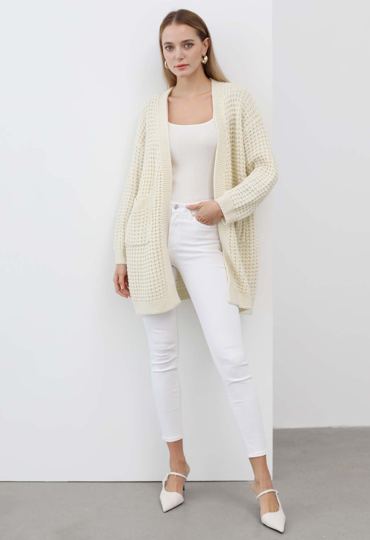 Batwing-Sleeve Pockets Waffle Knit Cardigan in Ivory