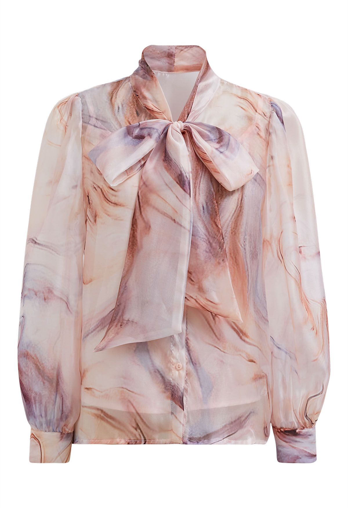 Elegant Bowknot Watercolor Floral Sheer Shirt in Coral