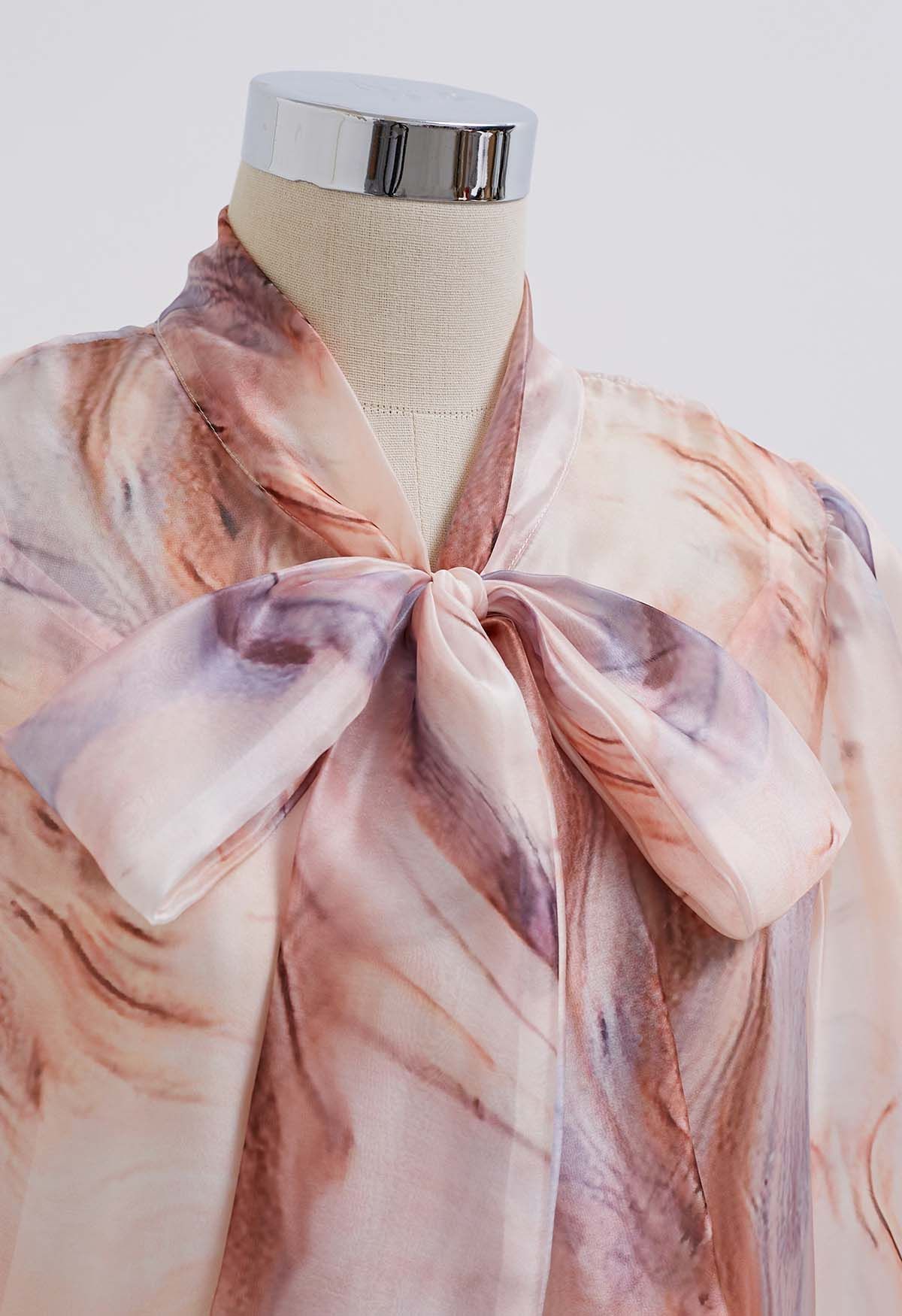 Elegant Bowknot Watercolor Floral Sheer Shirt in Coral