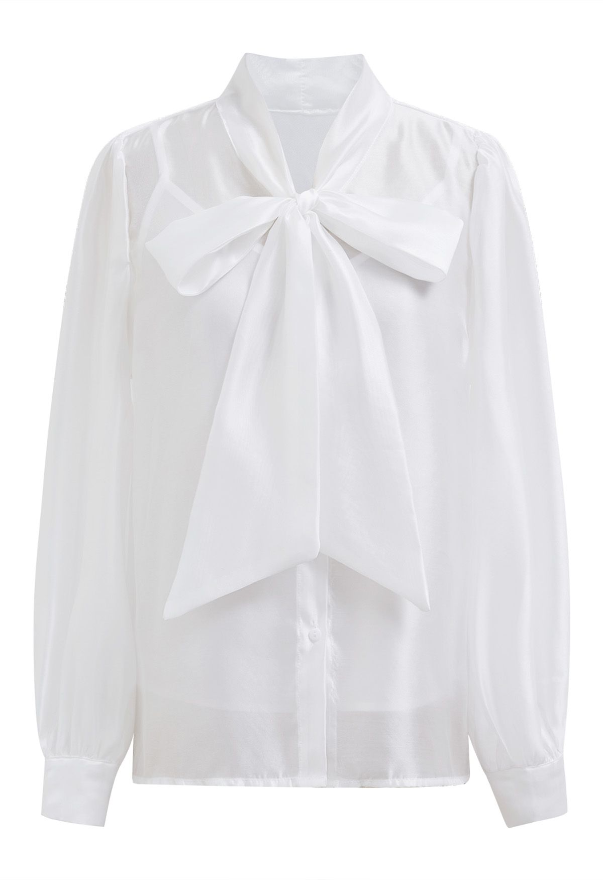 Elegant Bowknot Puff Sleeves Sheer Shirt in White